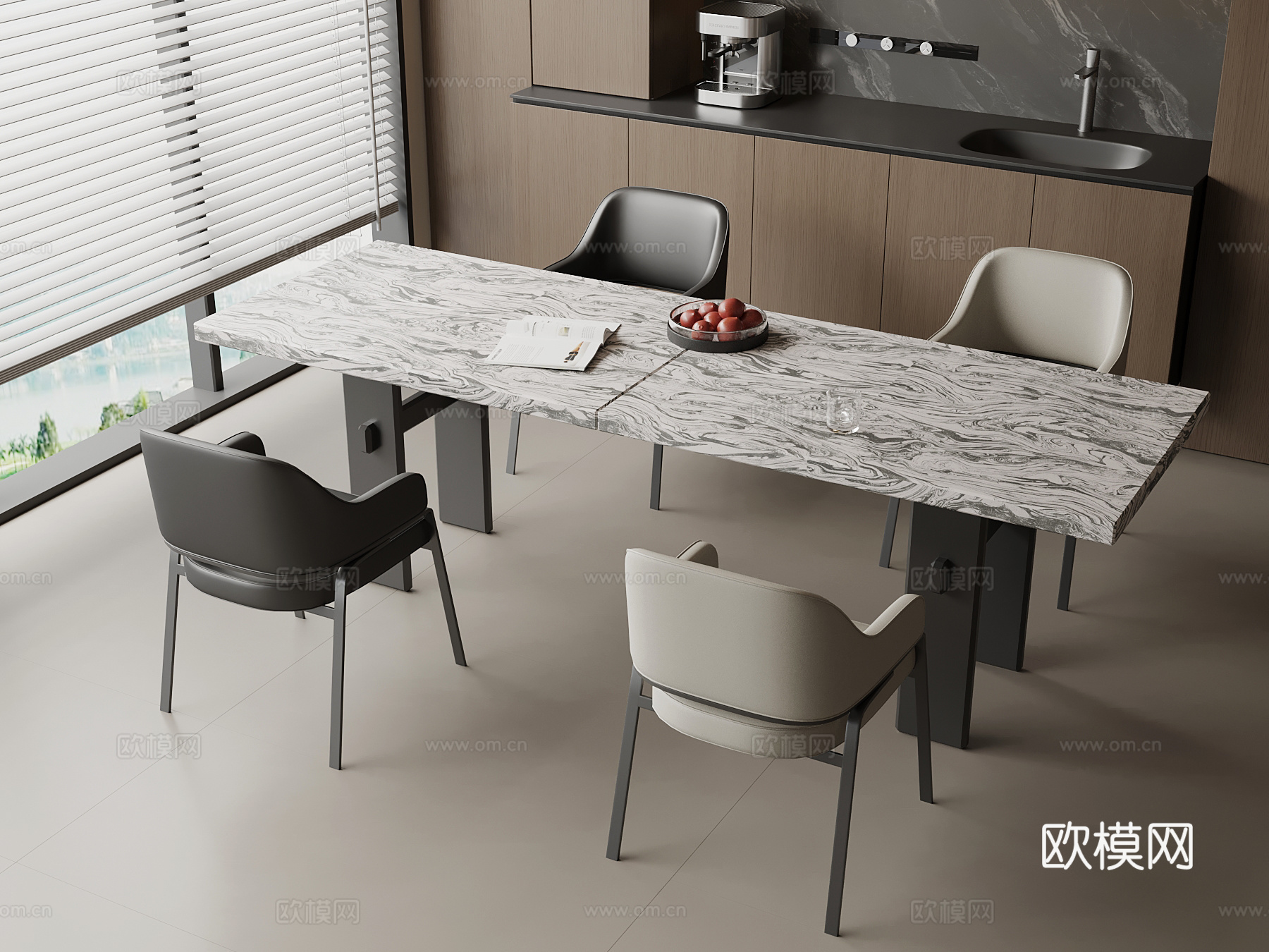现代意式餐桌椅 条形桌su模型