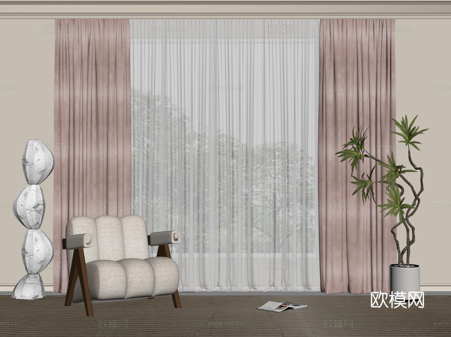 现代布艺窗帘 落地窗帘 粉色窗帘 女孩房窗帘su模型