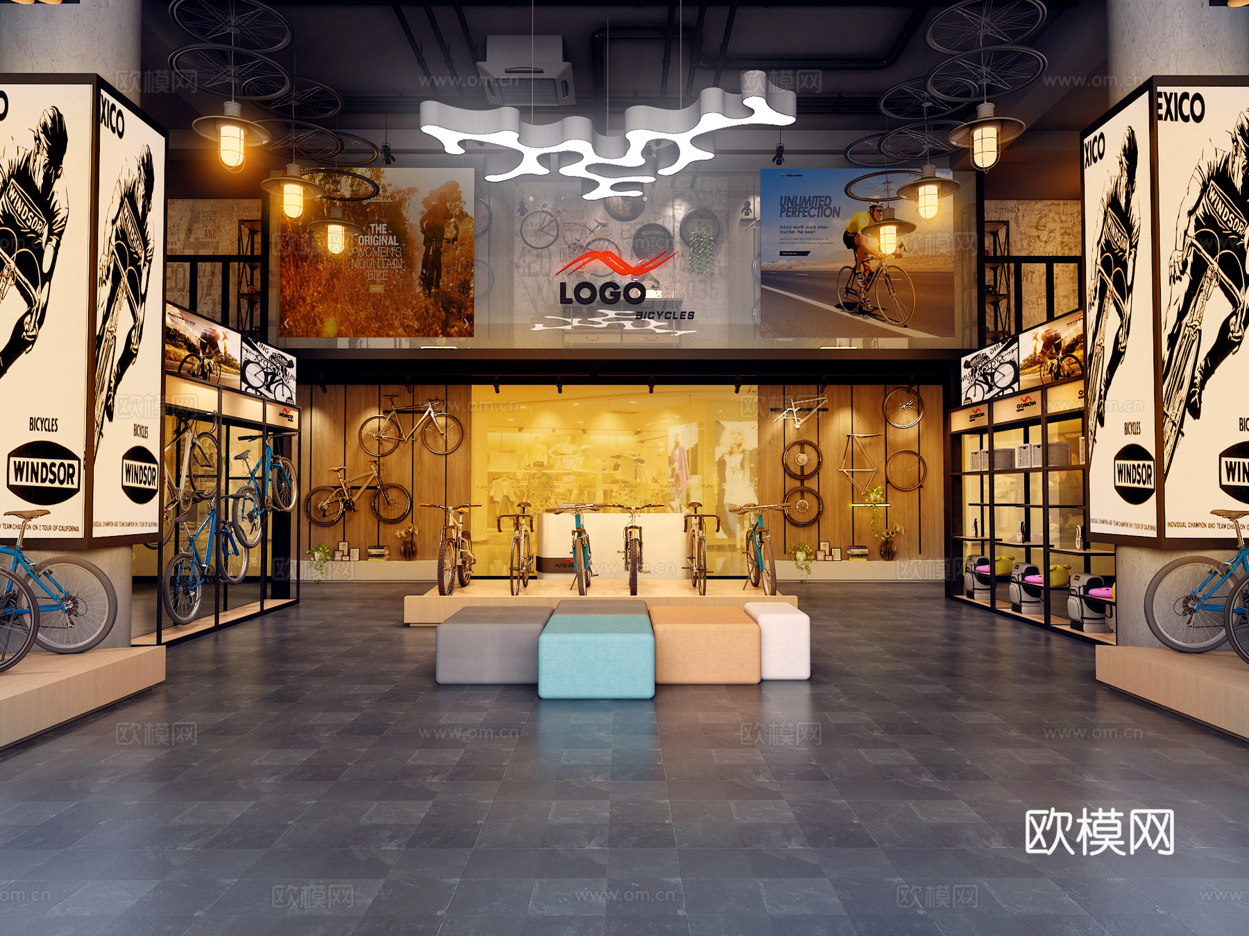 现代自行车店大厅自行车3d模型下载