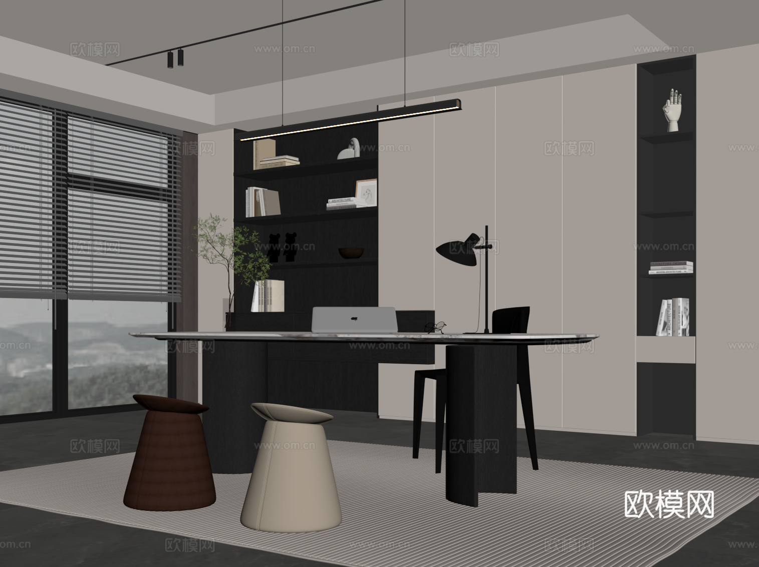 现代意式书房 书柜 书桌椅su模型