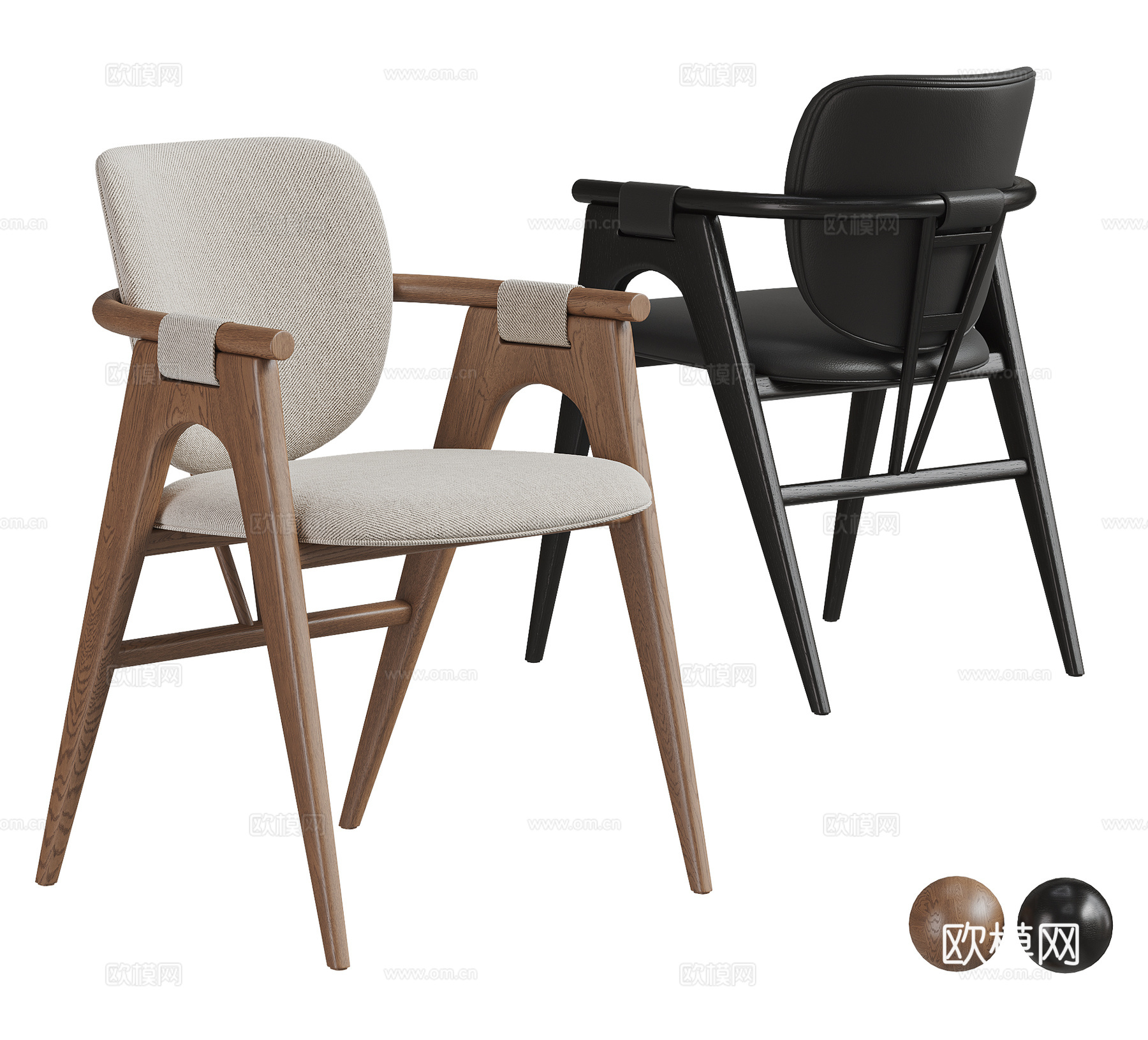 中古风单椅组合 木椅 皮革 餐椅 休闲椅  扶手椅su模型