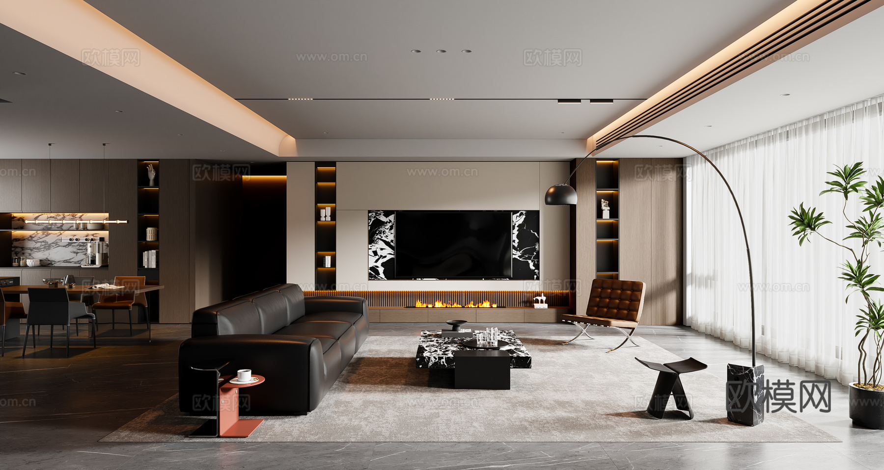 现代意式客餐厅 沙发茶几 餐桌椅 电视背景墙 餐边柜su模型