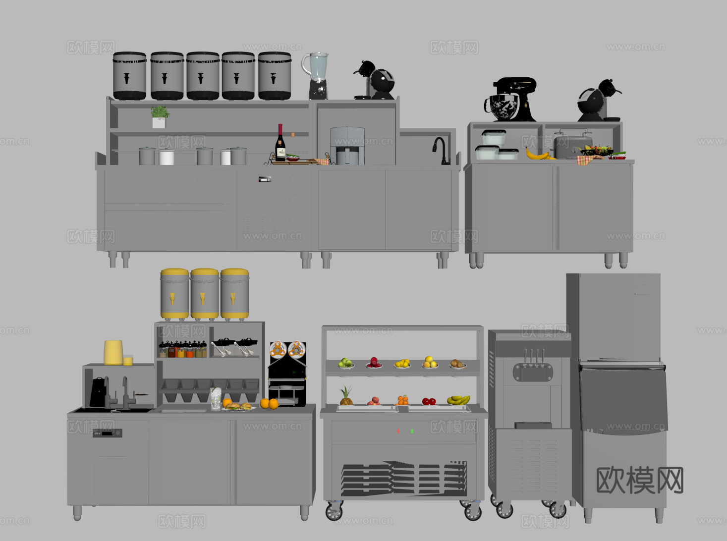 现代冷饮奶茶操作台 不锈钢工作台 咖啡机 冷饮机 后厨厨具su模型