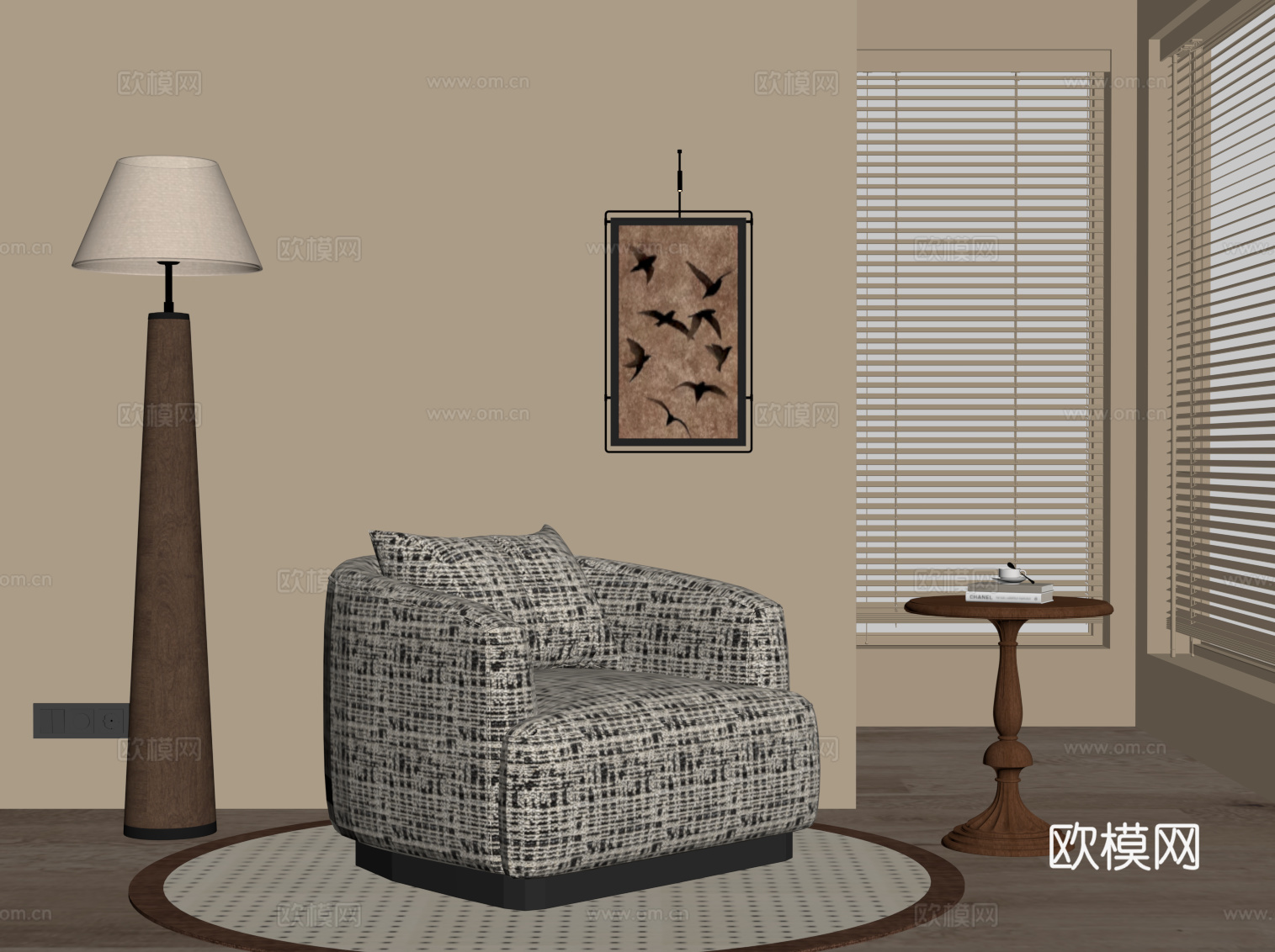 中古风布艺沙发 单人沙发su模型