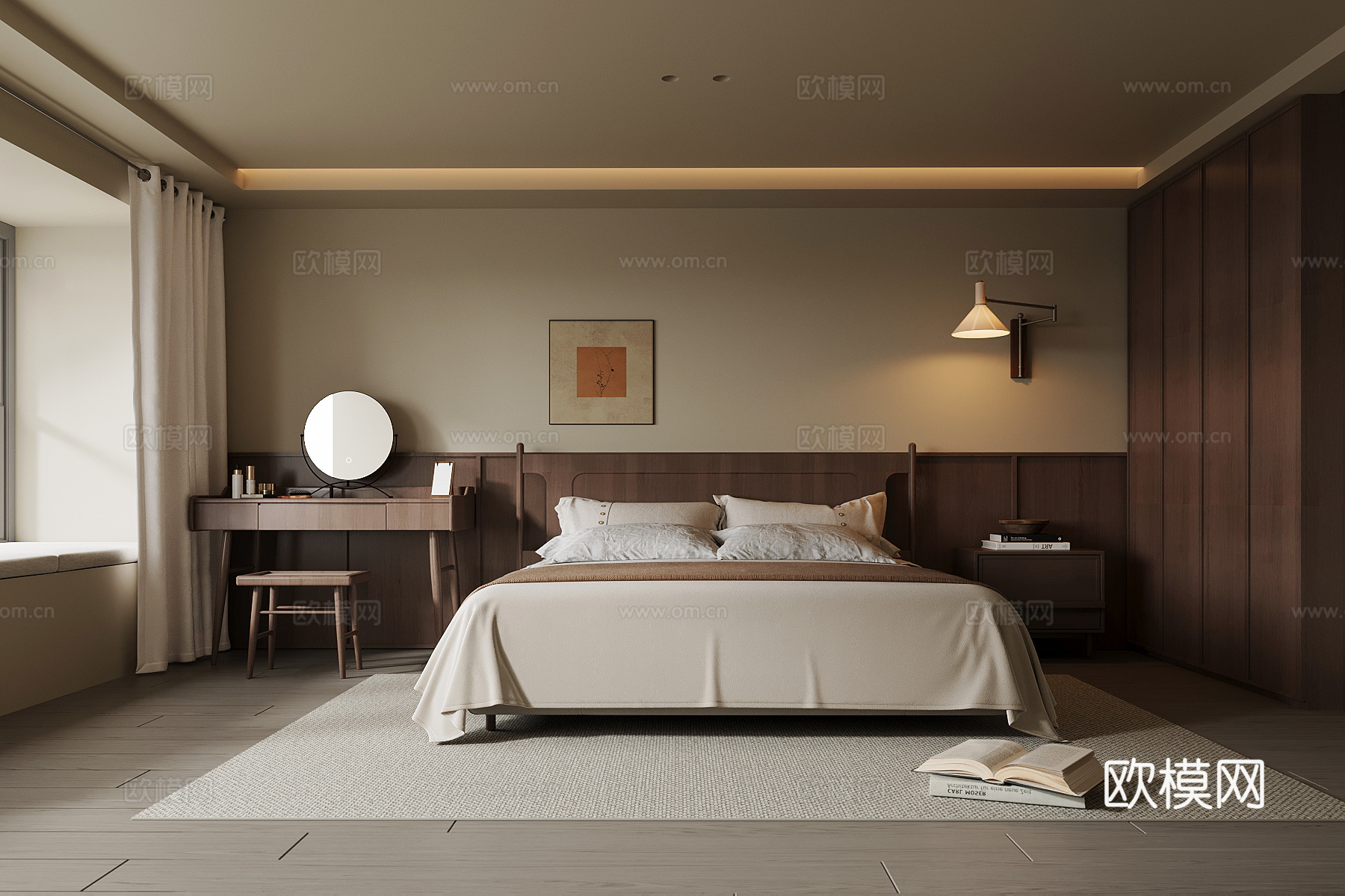 中古风卧室 双人床 衣柜 梳妆台su模型