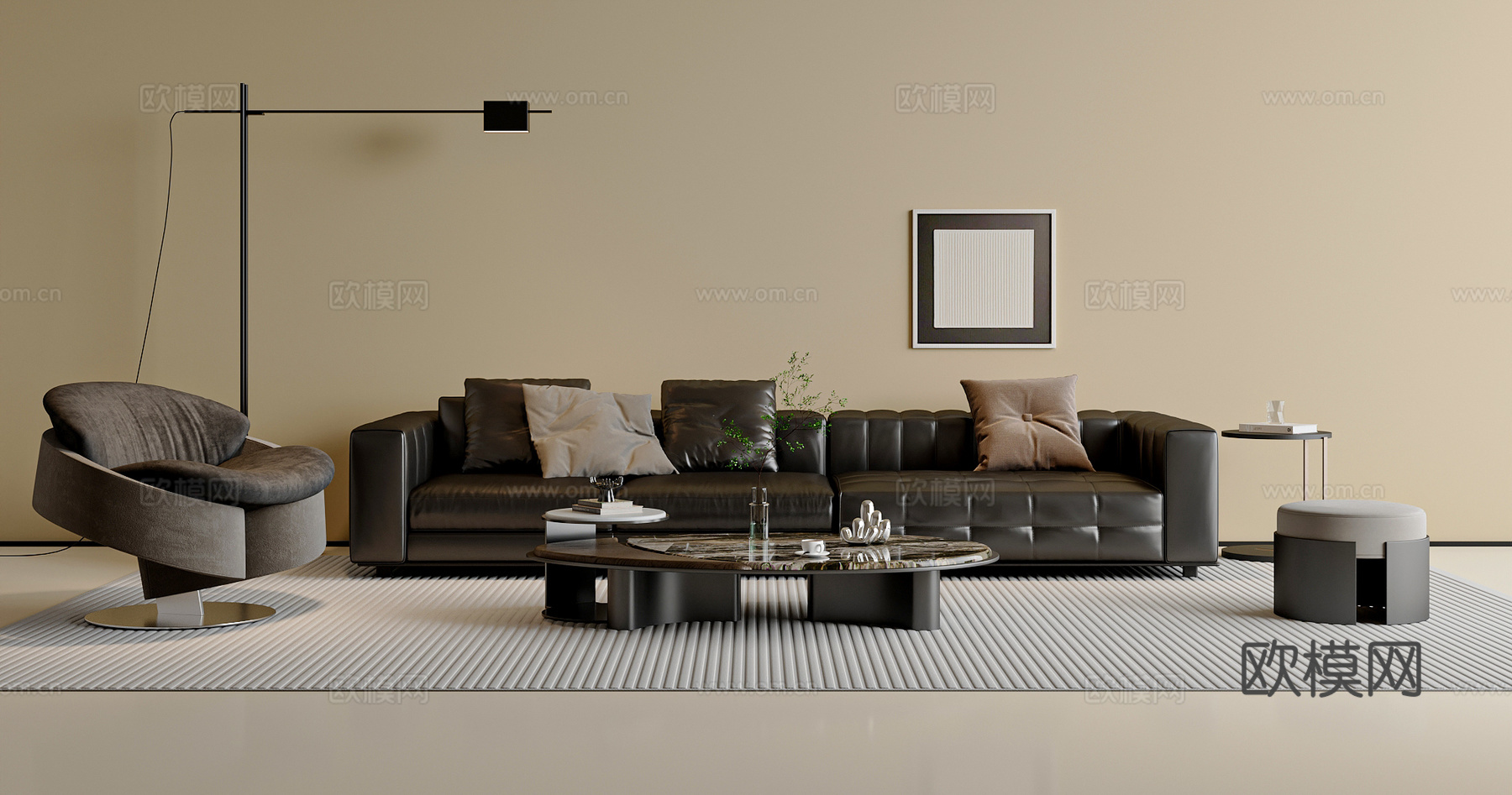 现代简约沙发茶几组合 休闲椅 落地灯 茶几 意式凳子3d模型下载