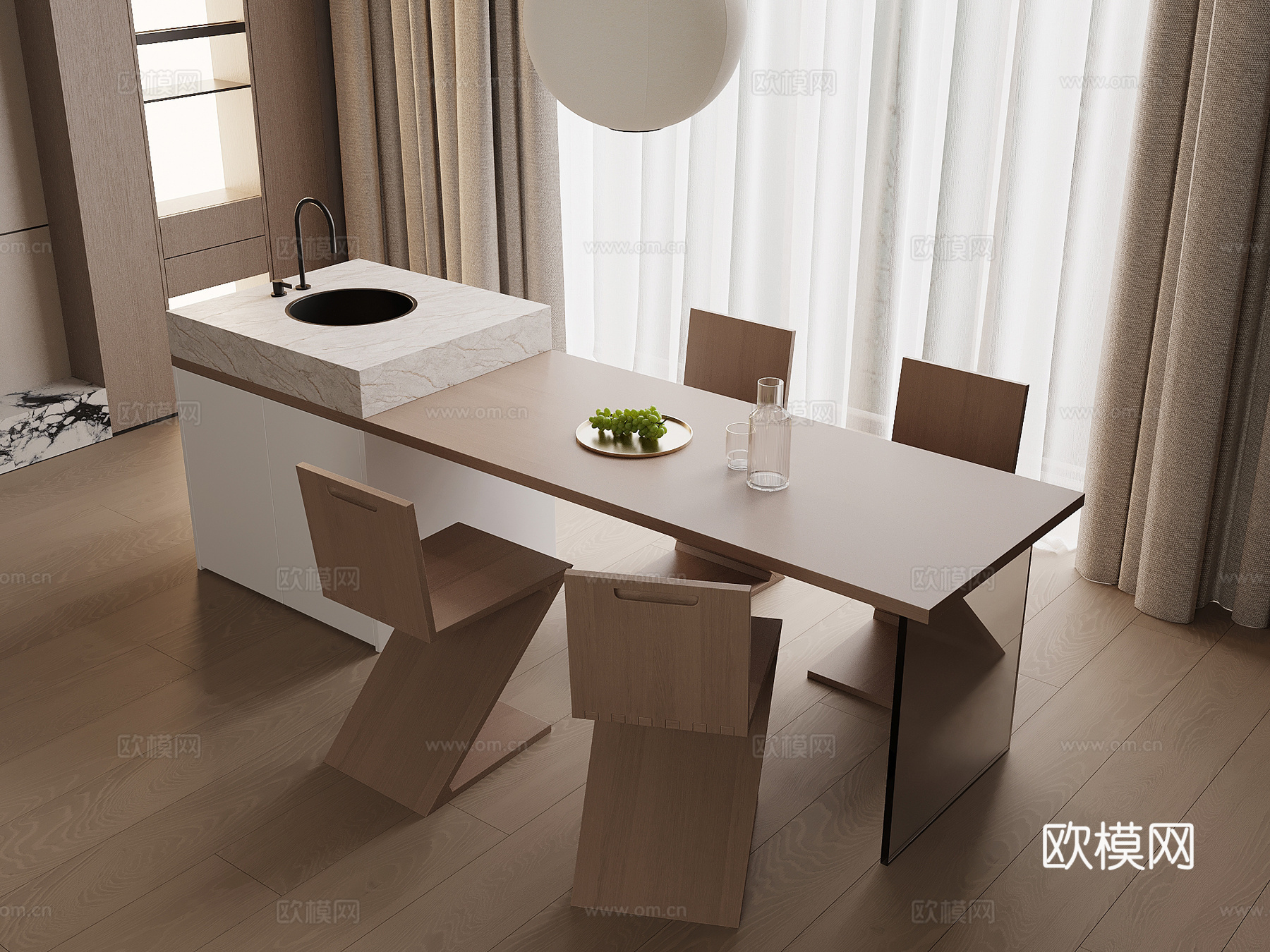 现代奶油风吧台 餐桌椅su模型