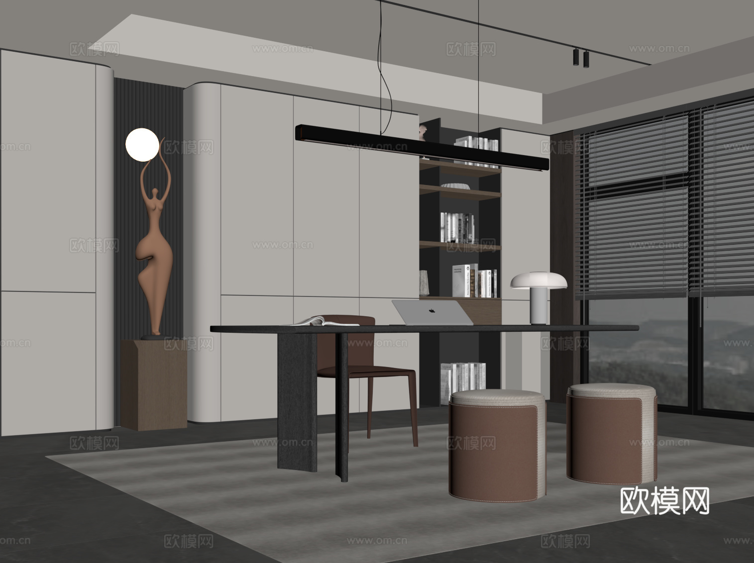 现代意式书房 书柜 书桌椅su模型