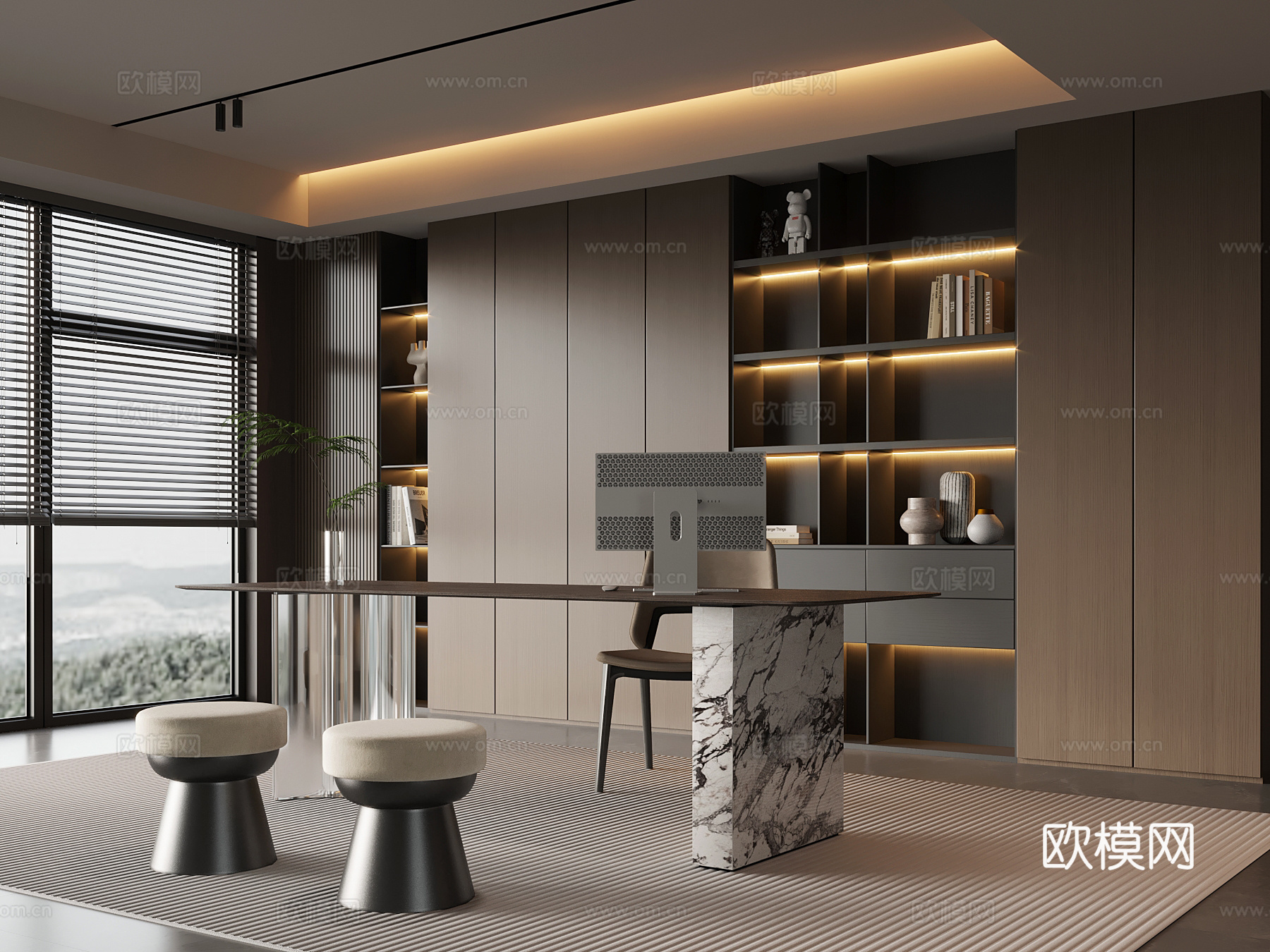 现代意式书房 书柜 书桌椅su模型
