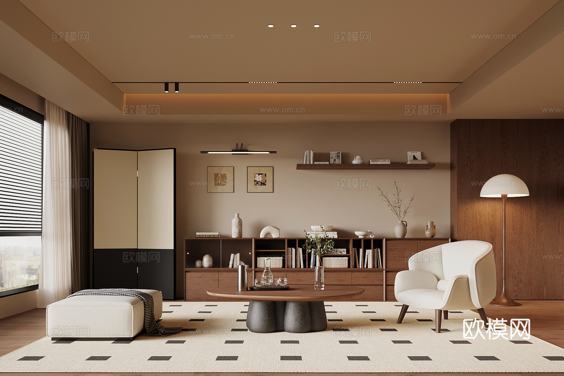 中古风客厅 沙发茶几 书柜 书架su模型