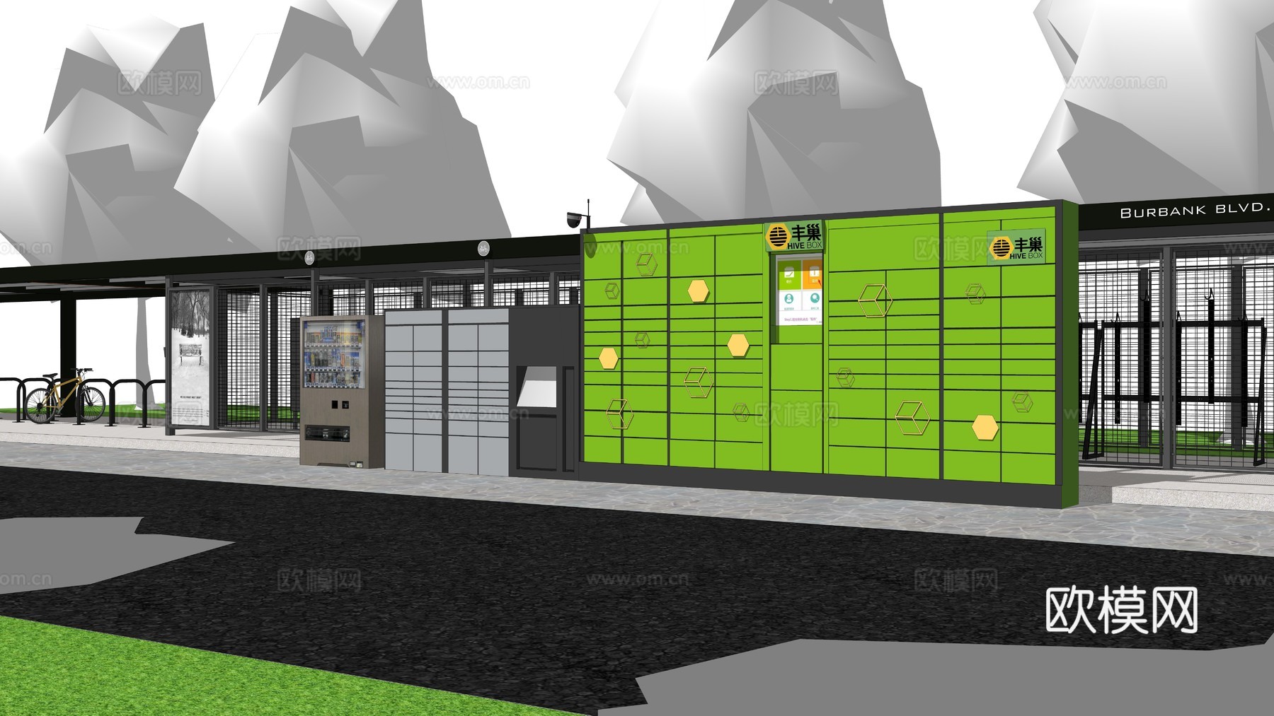 快递柜  自行车停车棚 自动售卖机su模型