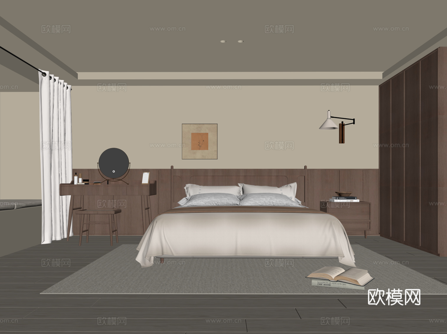 中古风卧室 双人床 衣柜 梳妆台su模型
