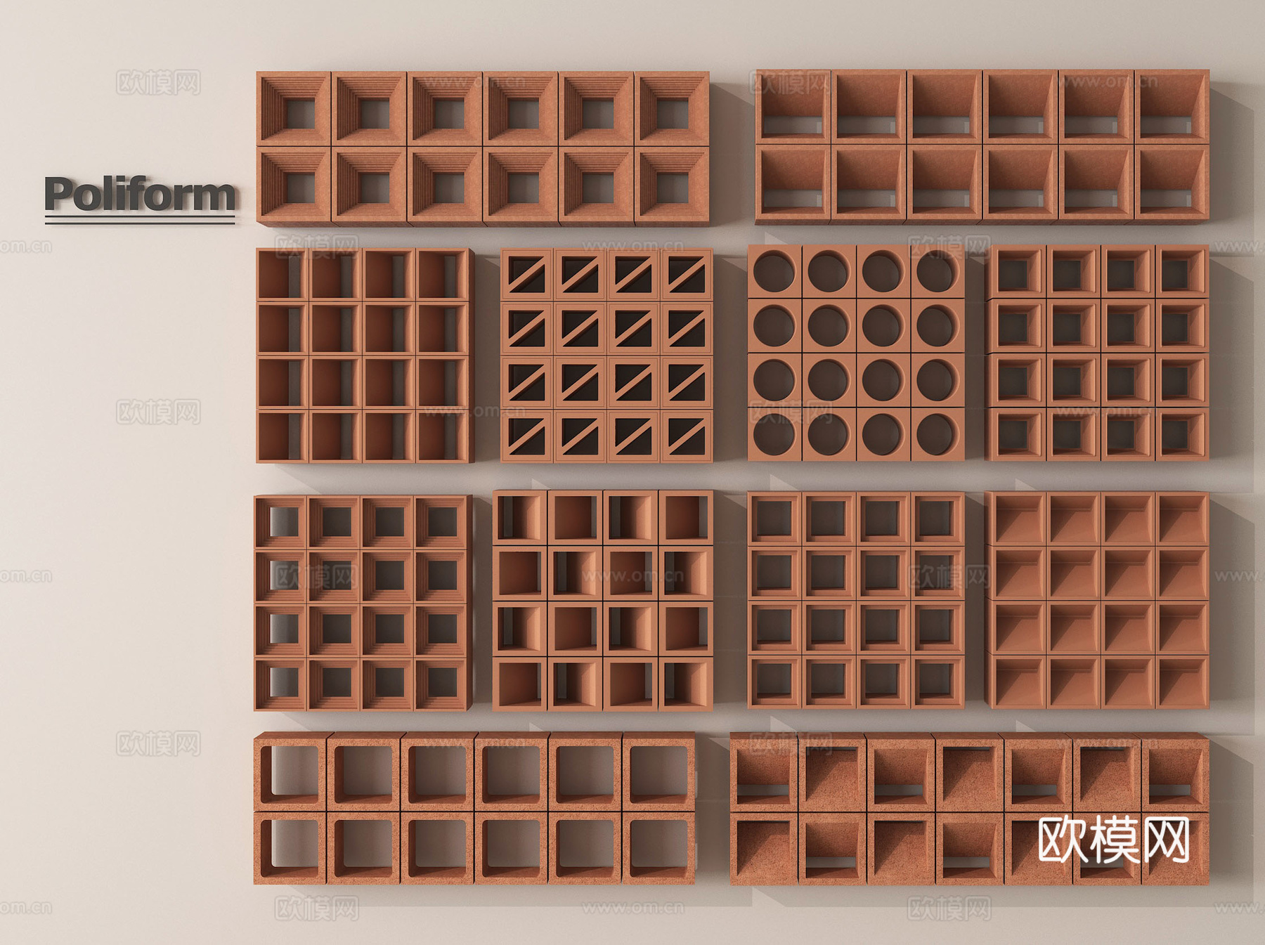 现代水泥砖 水泥砖隔断 镂空预制砖 镂空花砖su模型