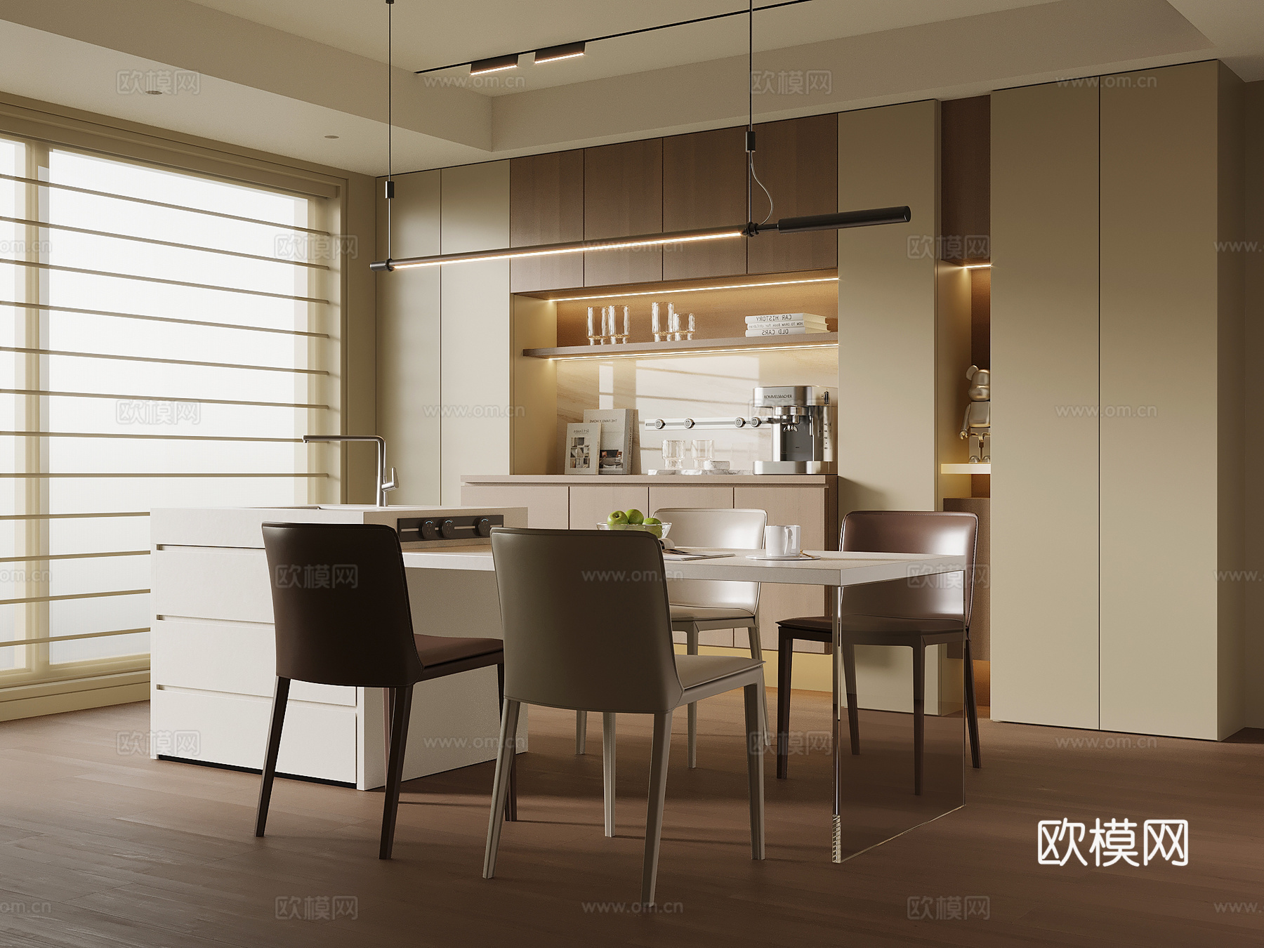 现代奶油风餐厅 酒柜 餐边柜 岛台 餐桌椅su模型