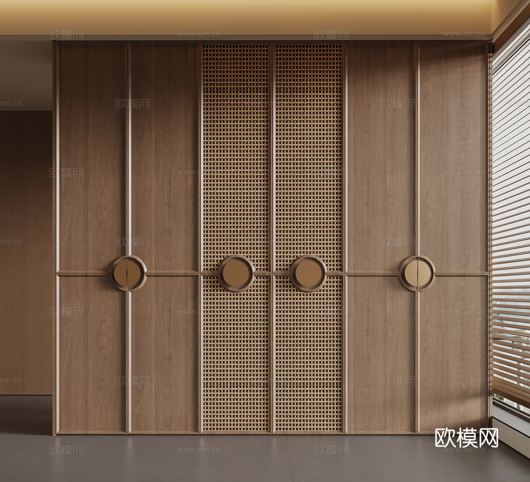 新中式衣柜 藤编柜门su模型