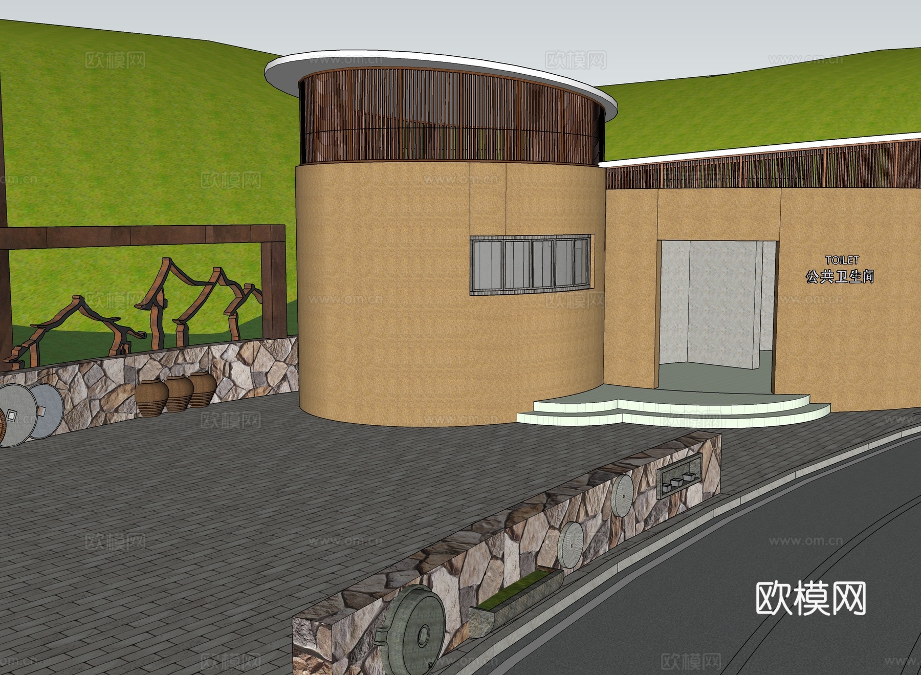 现代公厕 公共卫生间建筑 圆形厕所su模型