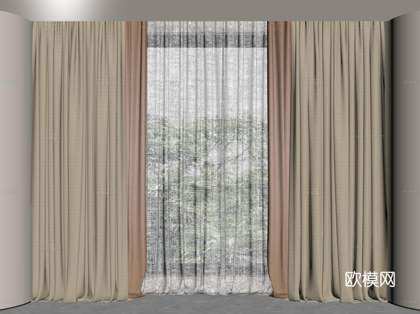 现代布艺窗帘 落地窗帘 遮阳帘 纱帘su模型