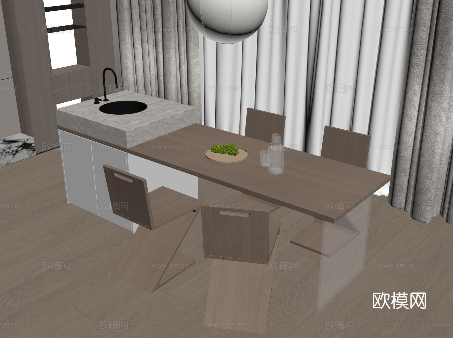 现代奶油风吧台 餐桌椅su模型