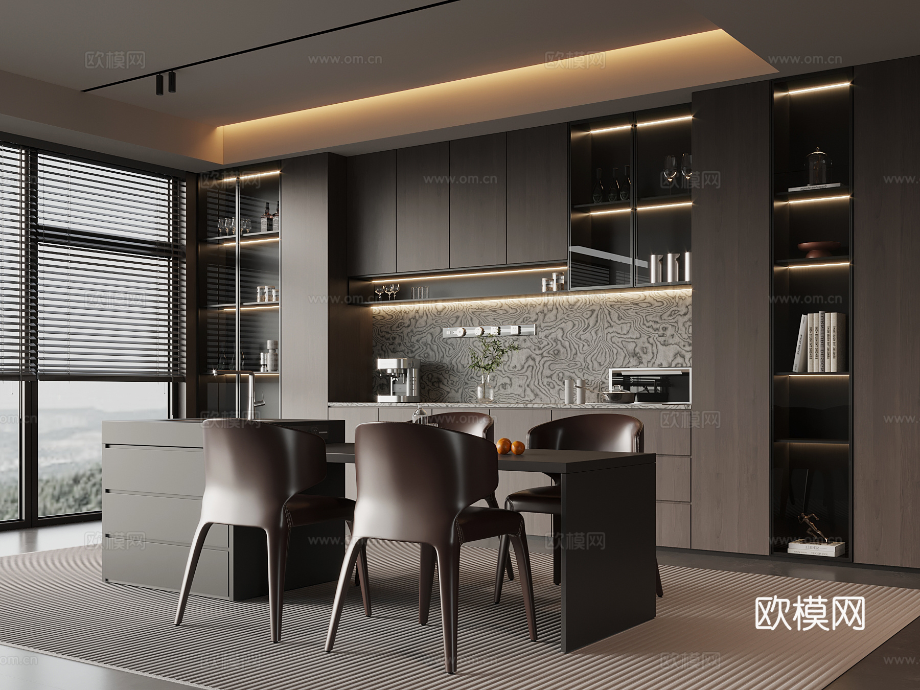 现代意式餐厅 酒柜 岛台 餐桌椅su模型