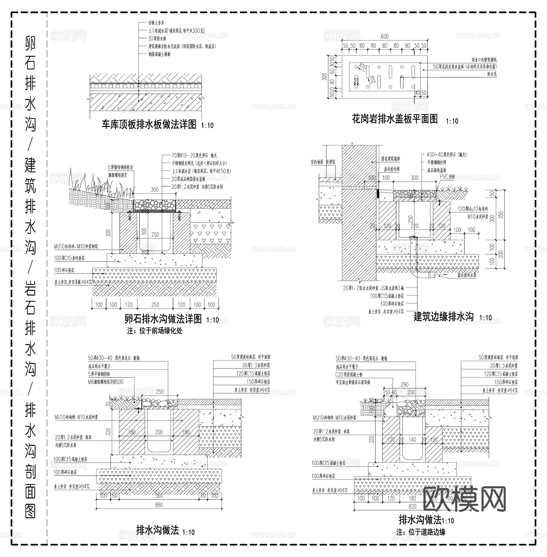 建筑边缘排水沟 卵石排水沟  排水沟 排水盖板剖面图cad施工图