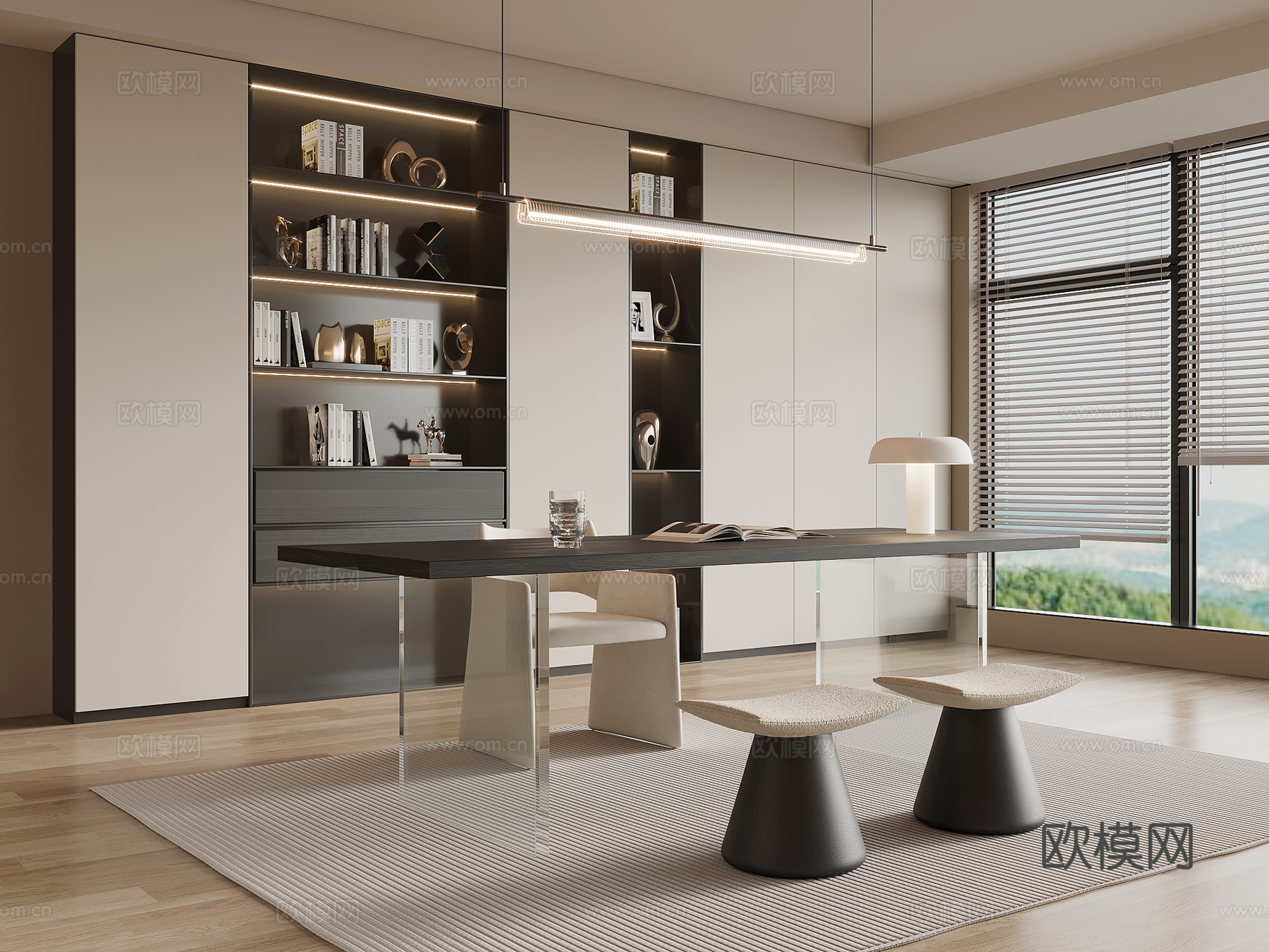 现代意式书房 书柜 书桌椅su模型