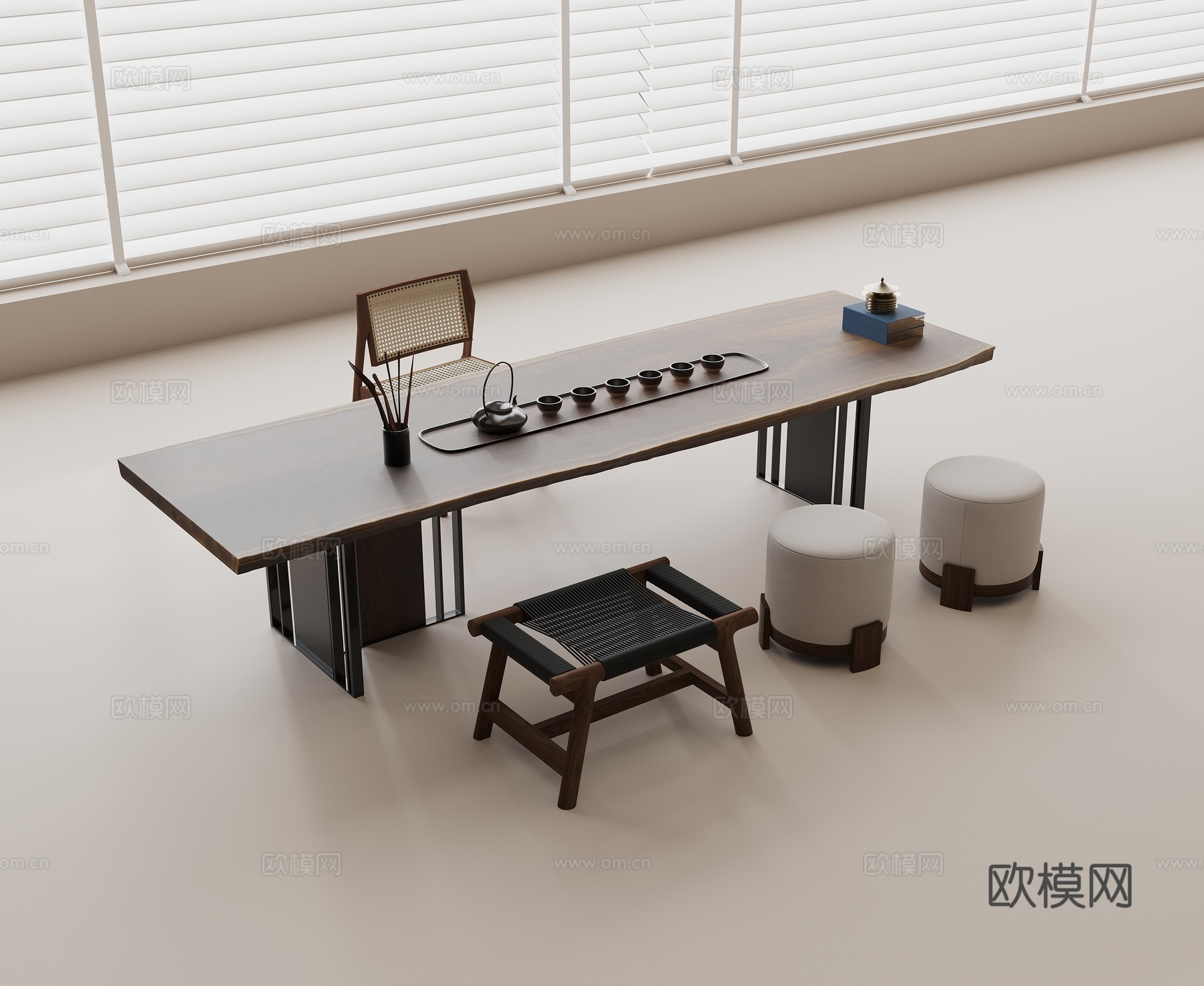 茶桌茶椅组合 茶具 实木茶桌 椅子 盆栽su模型