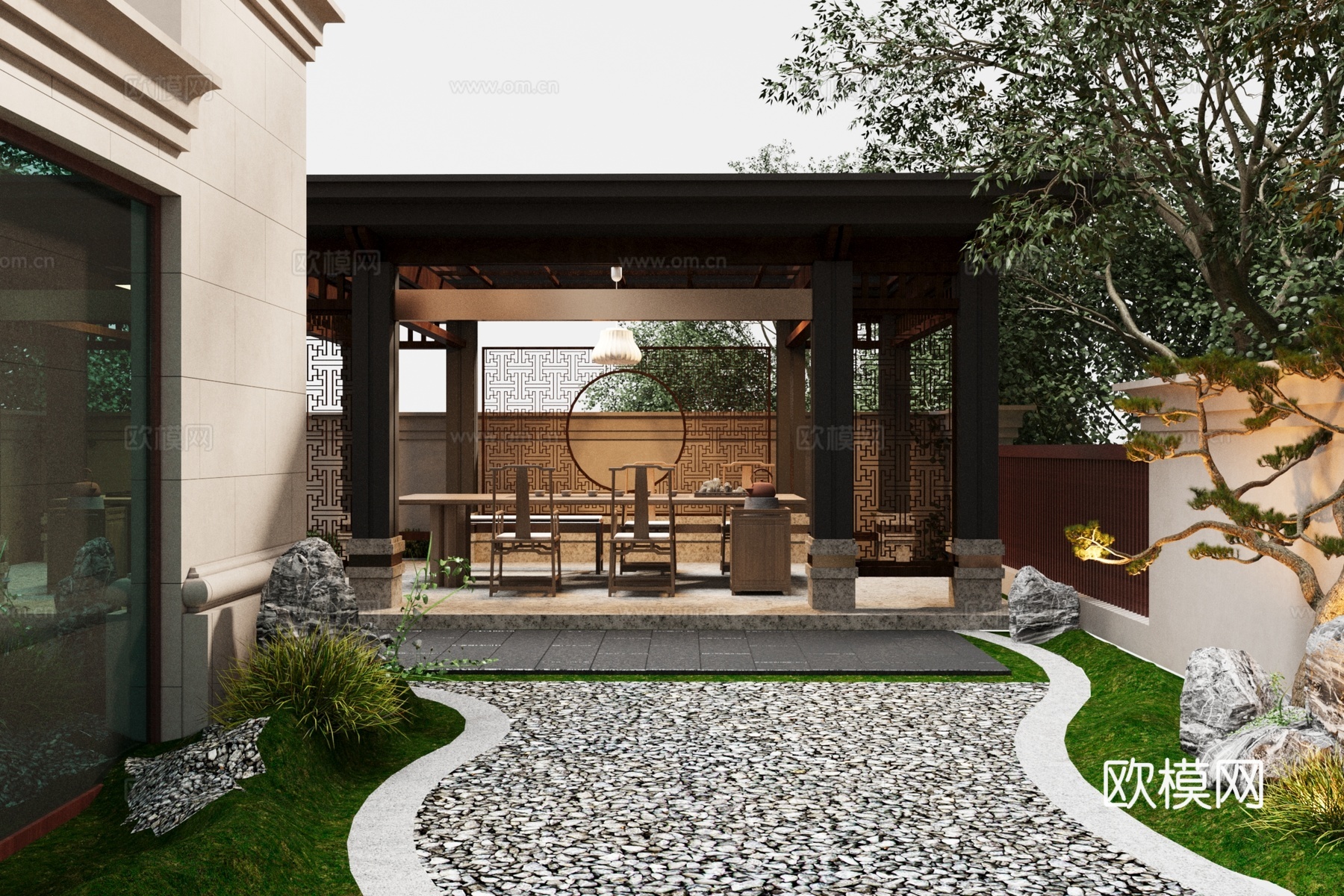 现代新中式 庭院花园 禅意空间 中式户外茶亭 休闲亭 茶桌椅3d模型下载