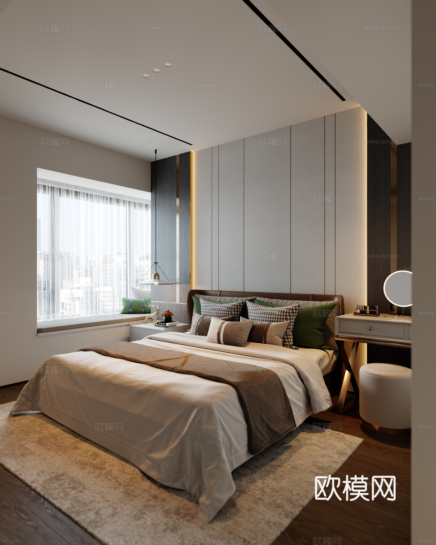 现代卧室 双人床 吊灯 地毯 床头柜 梳妆台3d模型下载（渲染图1）