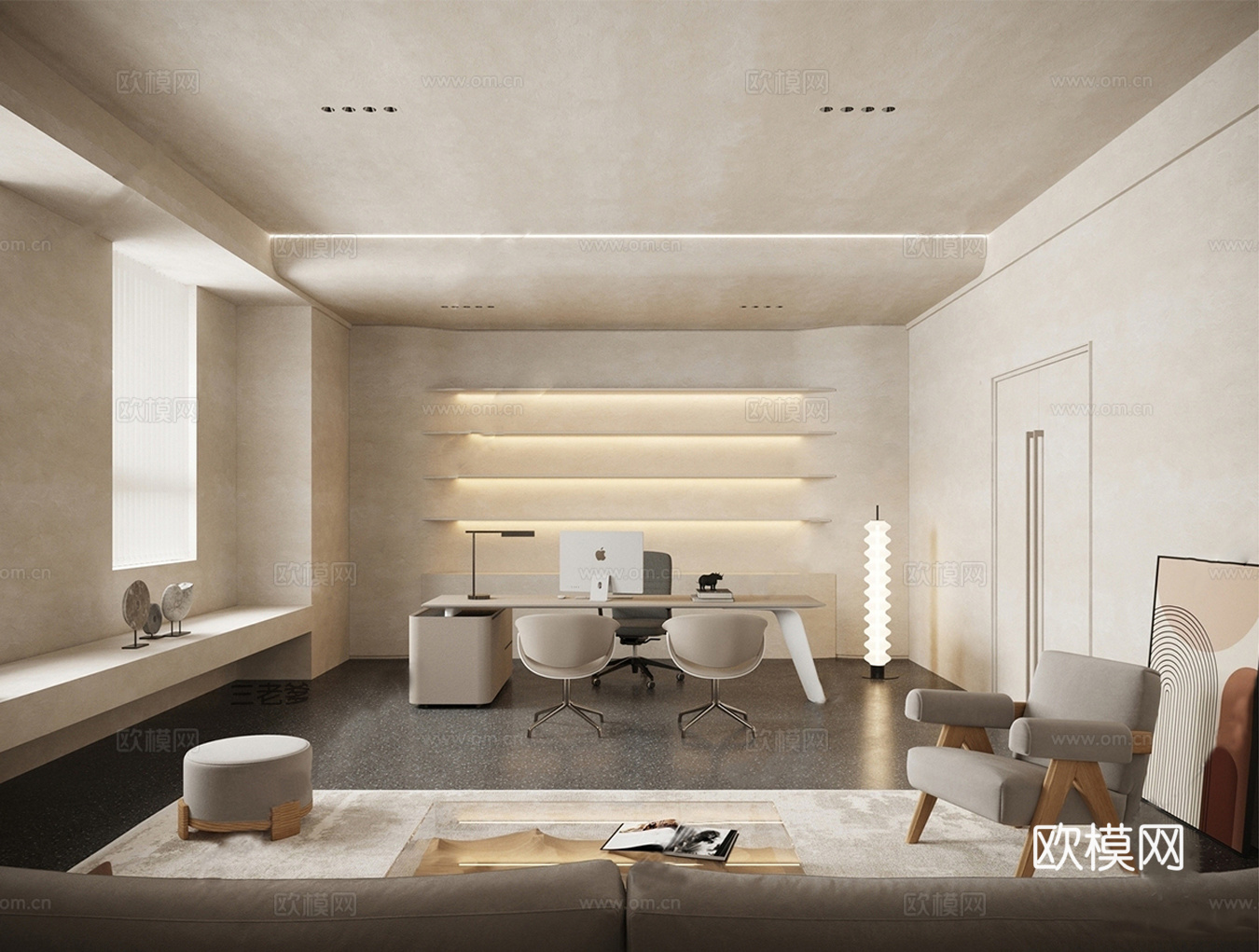 侘寂风办公室  老板办公室 班台 班椅 办公桌su模型