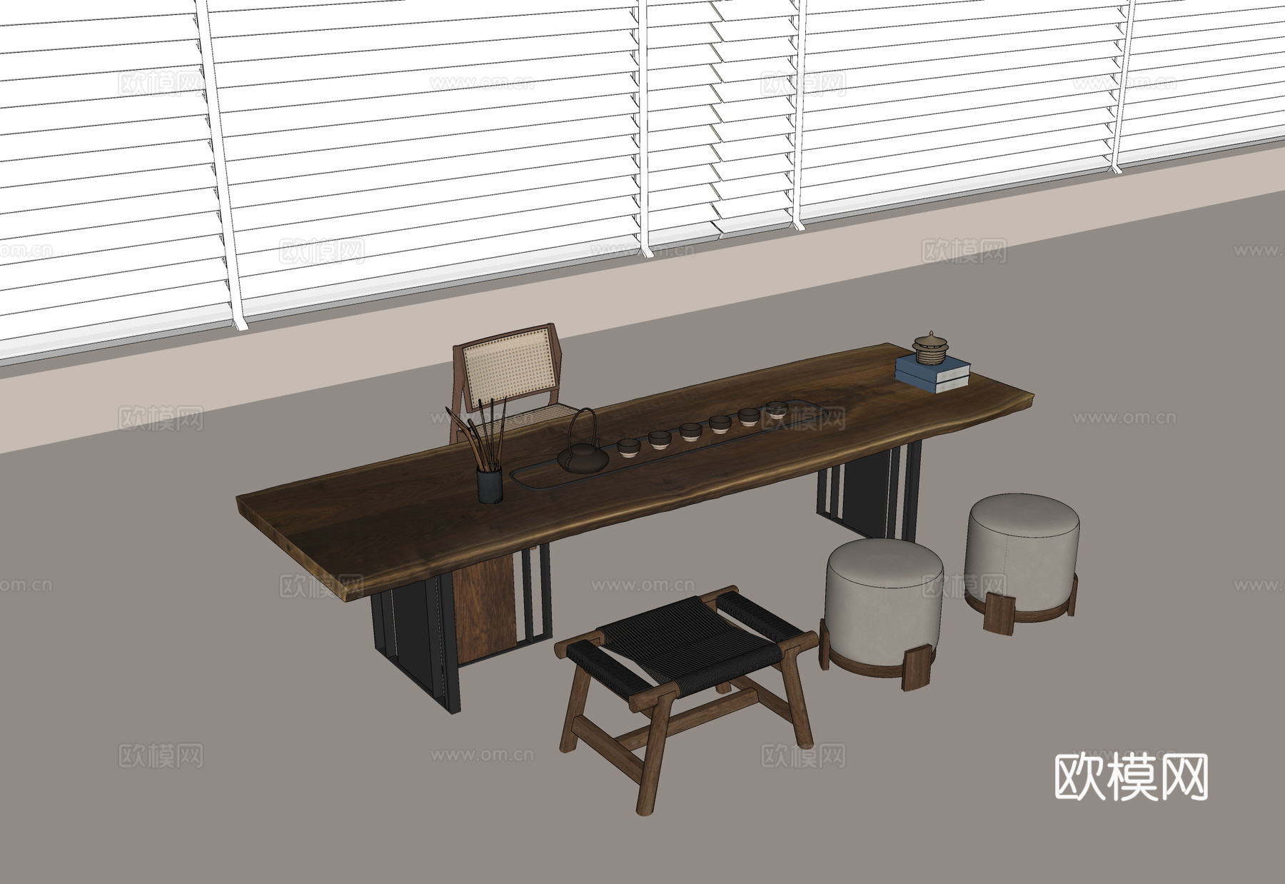 茶桌茶椅组合 茶具 实木茶桌 椅子 盆栽su模型