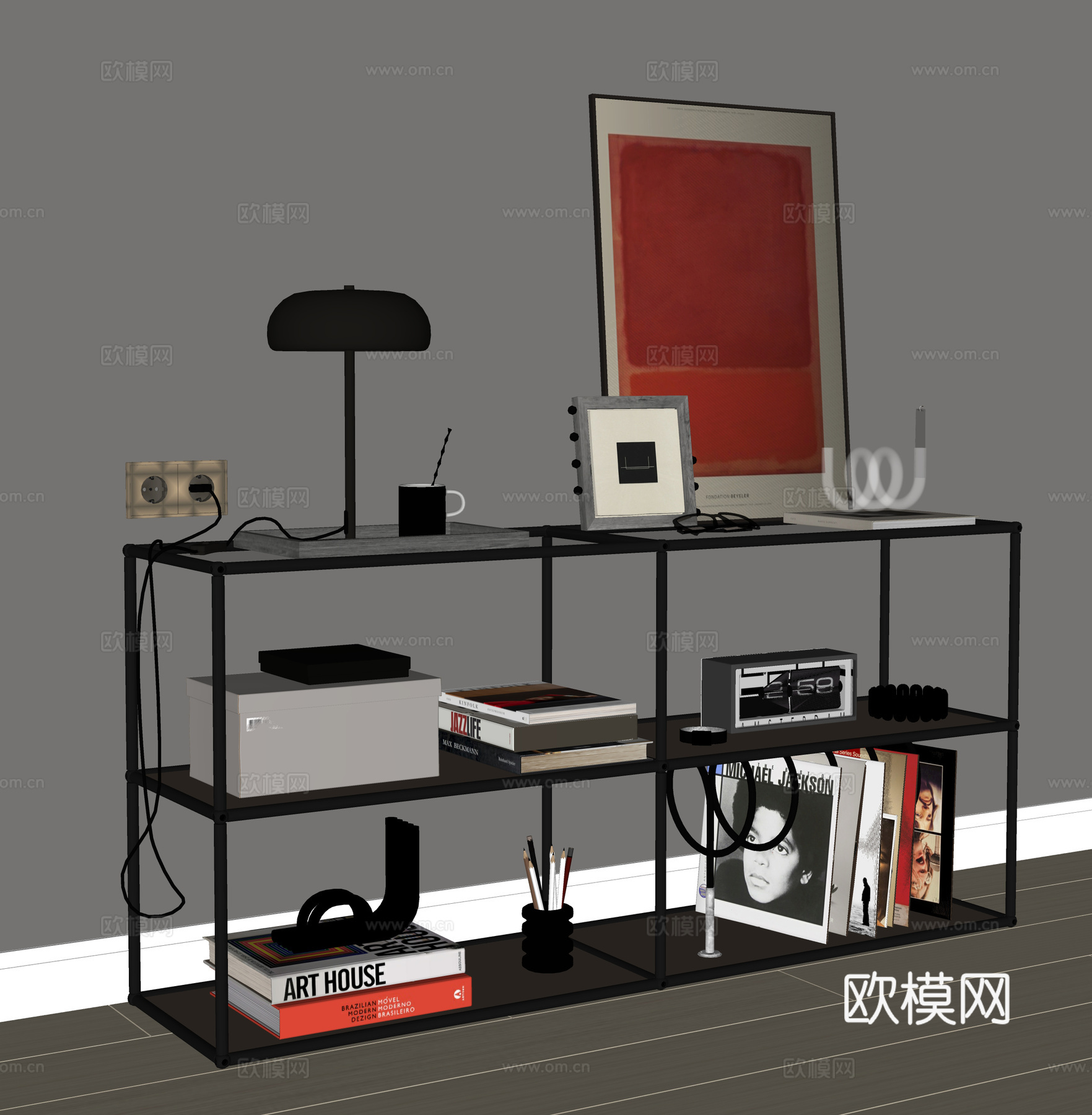 现代铁艺书架 简易架子 摆件组合 书籍挂画台灯 饰品摆件su模型
