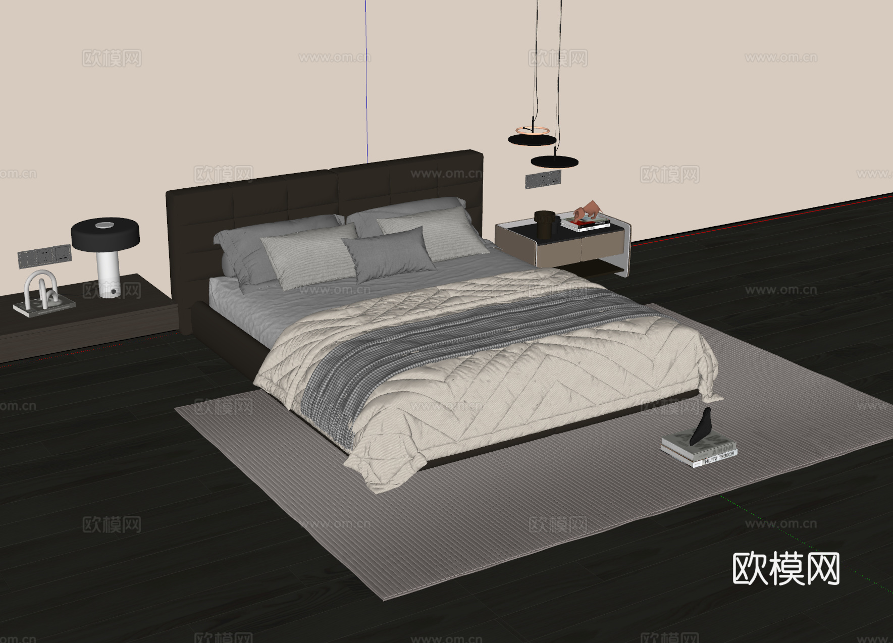 现代意式双人床 皮质双人床 床头柜 地毯su模型