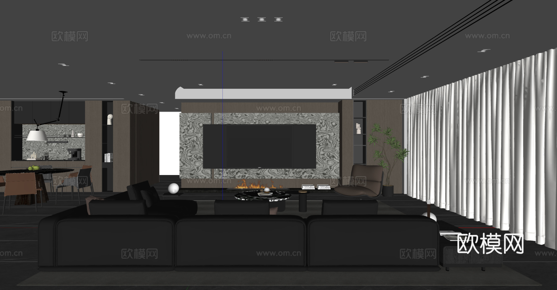 现代意式客餐厅 沙发茶几 餐桌椅 电视背景墙 餐边柜su模型