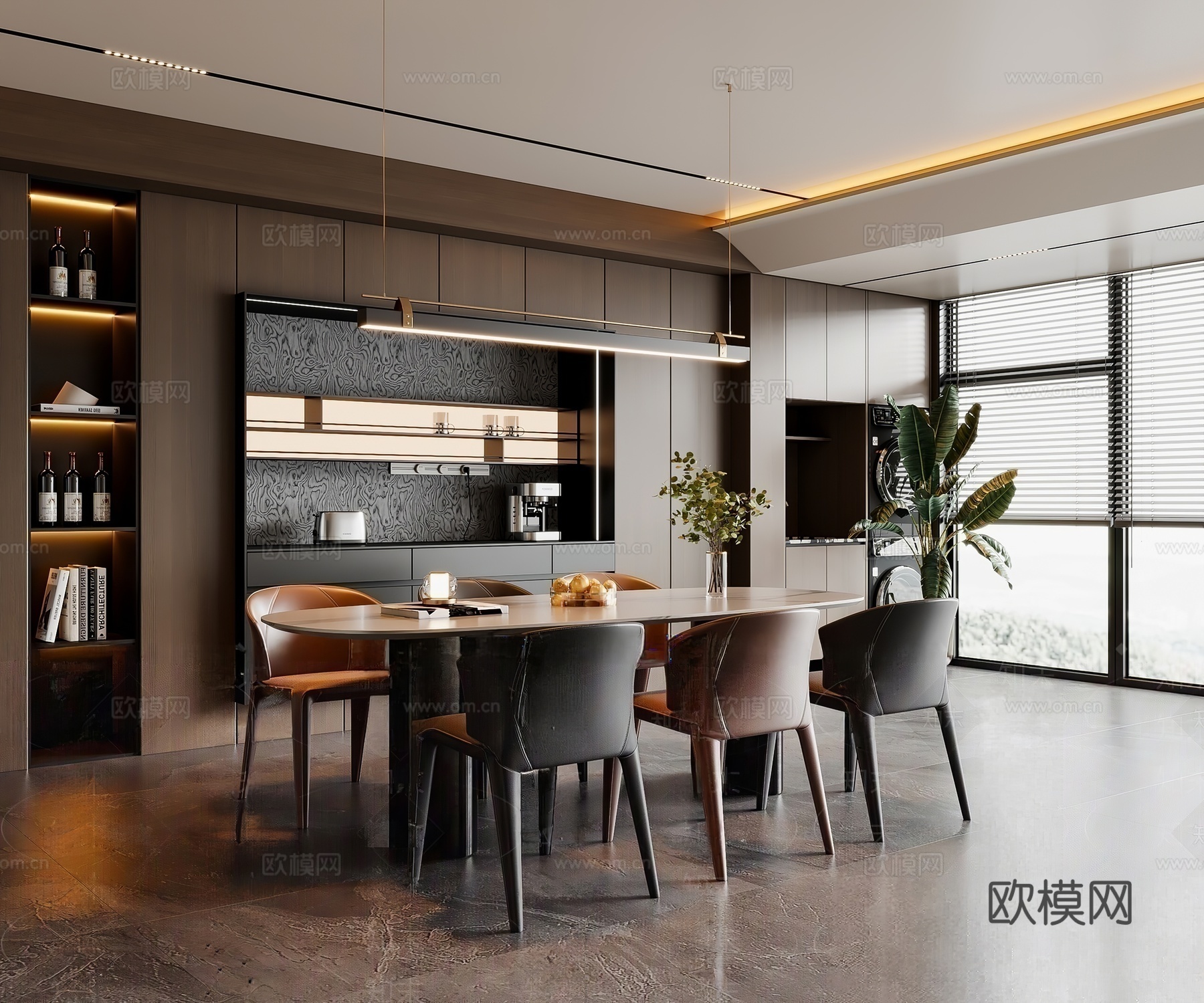 现代意式家居餐厅 黑白灰餐厅 餐桌椅 吊灯 餐边柜 酒柜3d模型下载