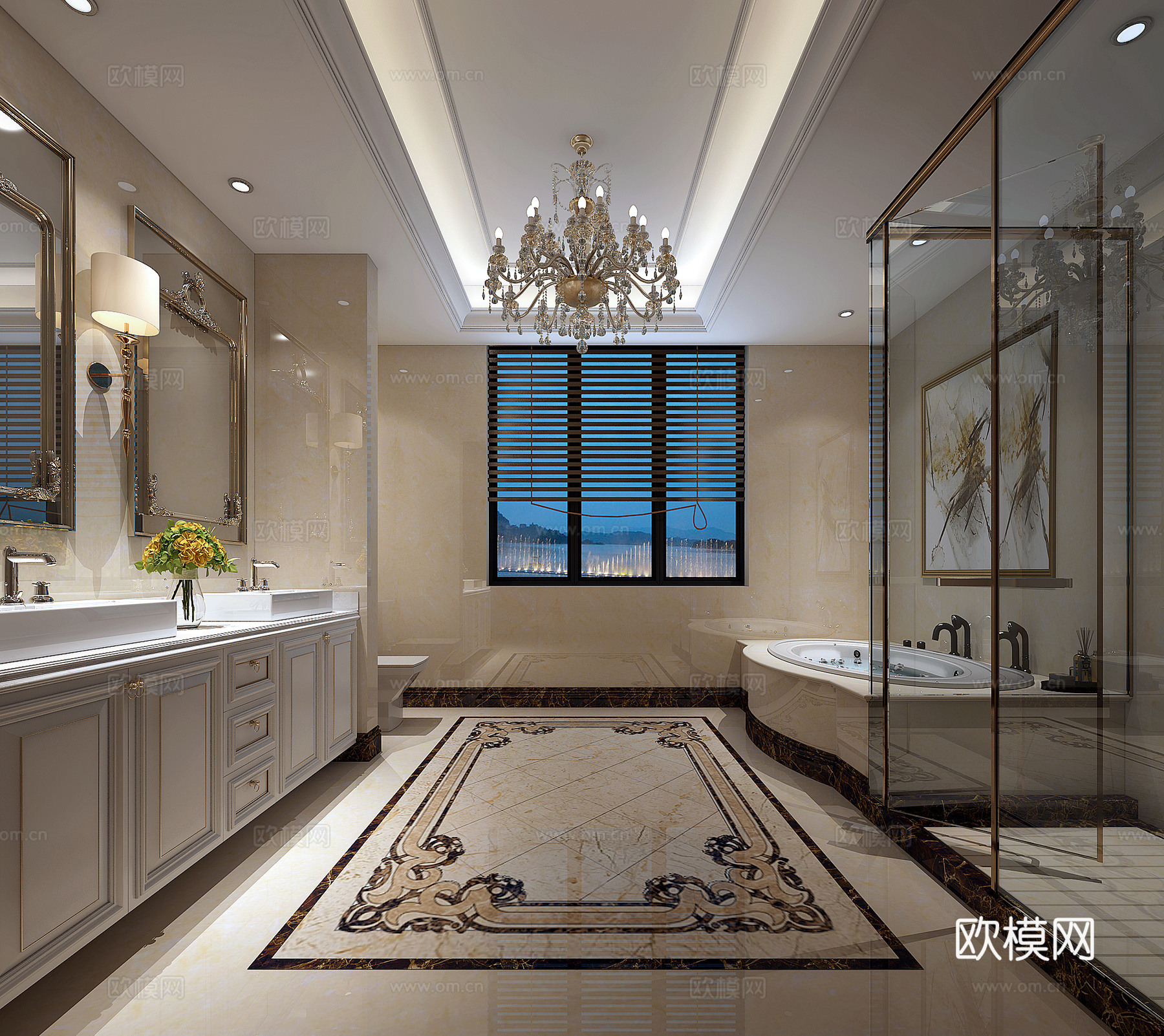 欧式古典卫生间 台盆柜镜子 壁灯 吊灯 淋浴房 浴缸3d模型下载
