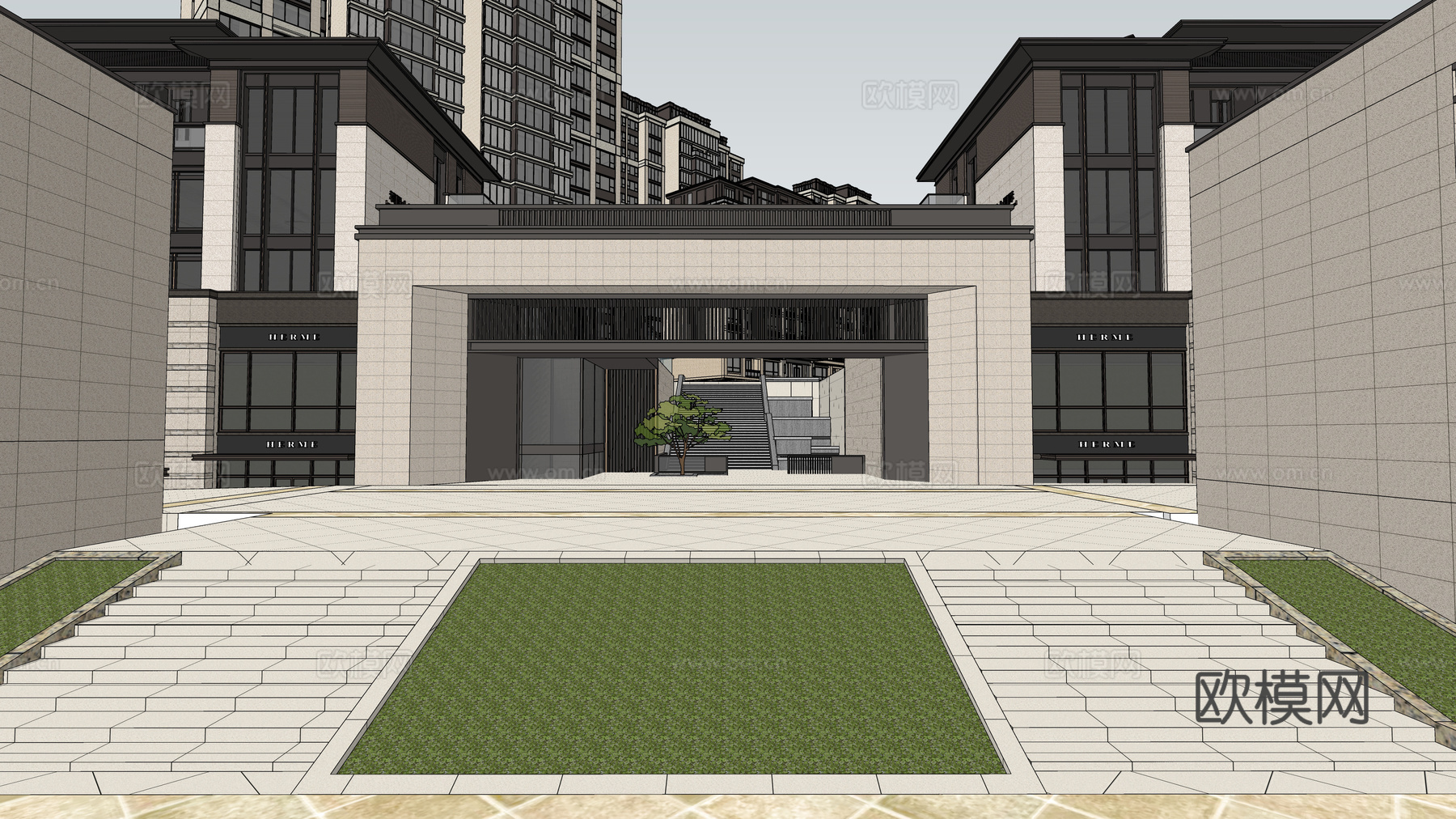 住宅小区入口门楼 新中式入口门楼su模型