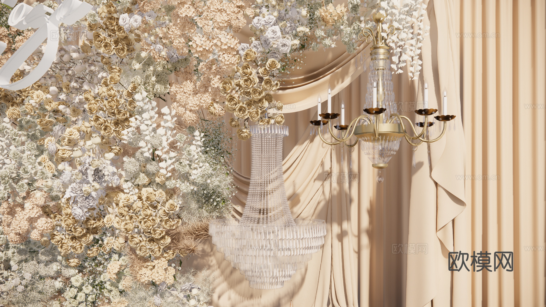 浅香槟色布幔花艺婚礼美陈su模型