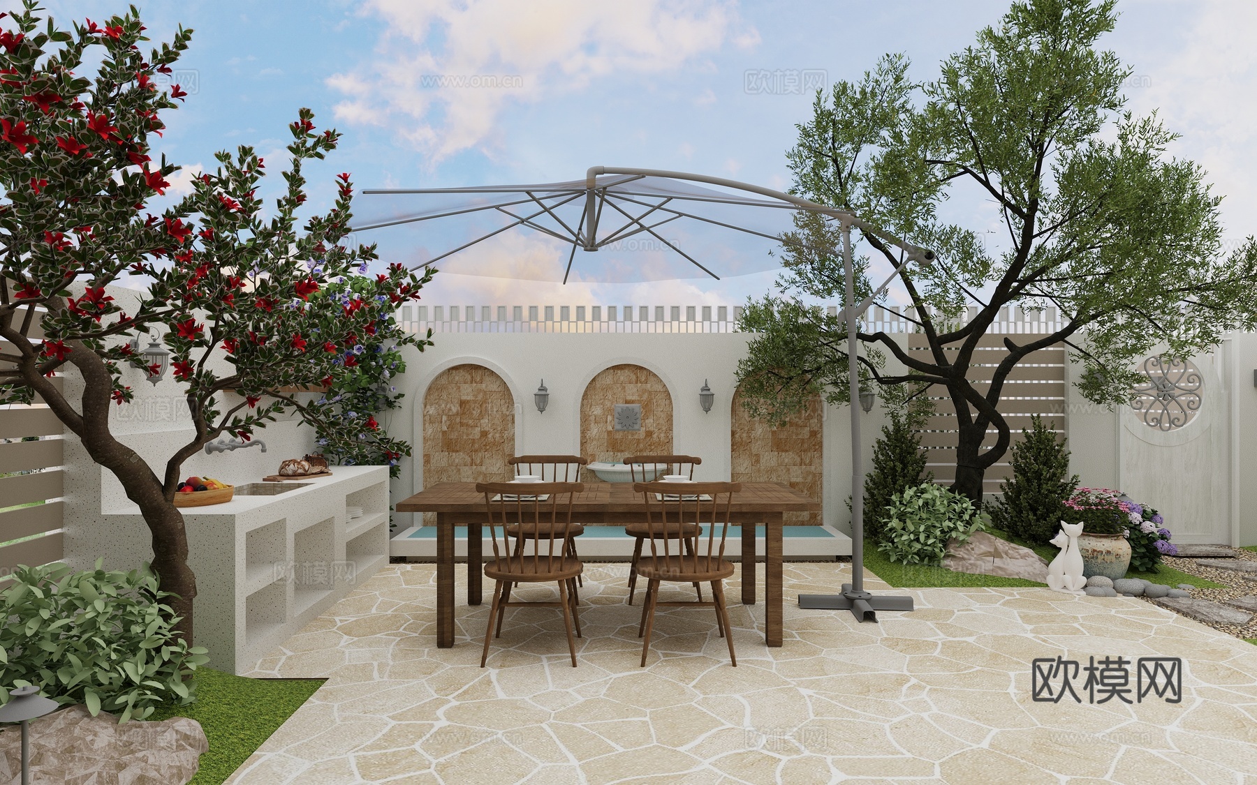 现代法式 南法庭院花园 水景墙 餐桌椅 操作台 石榴树 油橄su模型