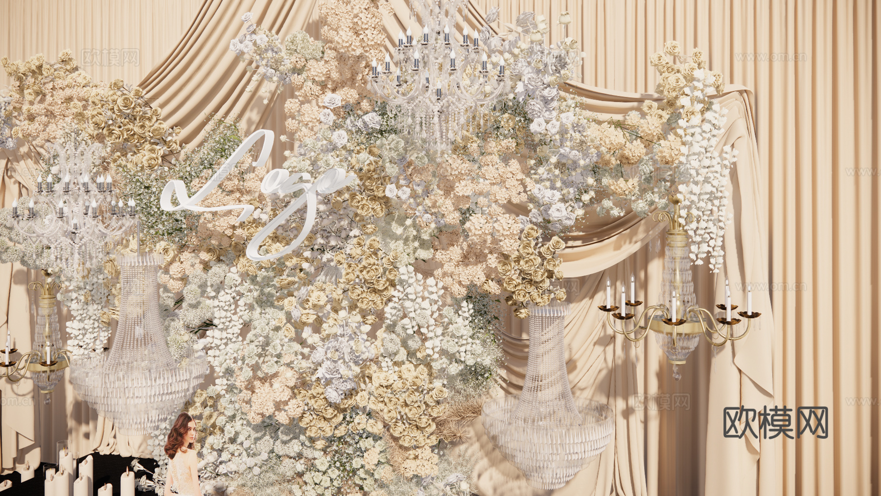 浅香槟色布幔花艺婚礼美陈su模型