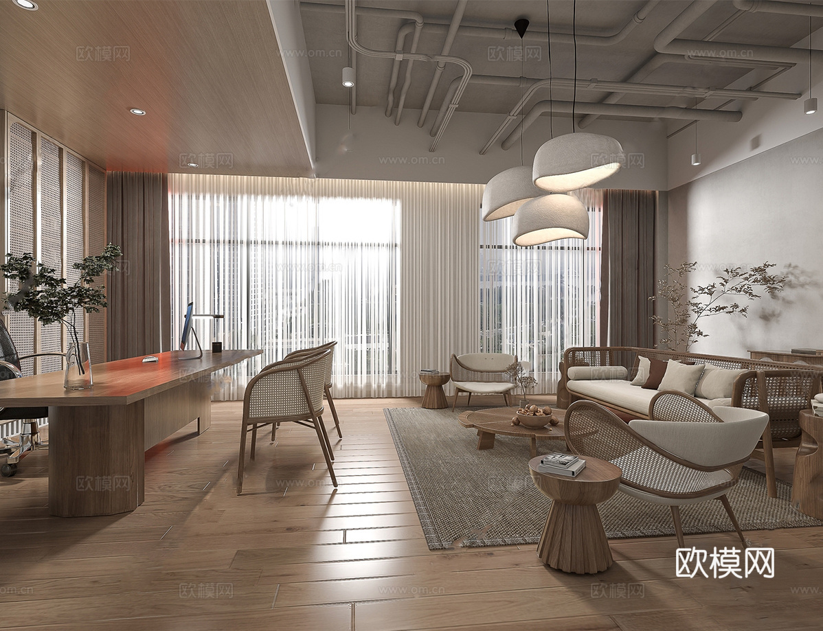 侘寂经理办公室 办公桌椅 沙发组su模型