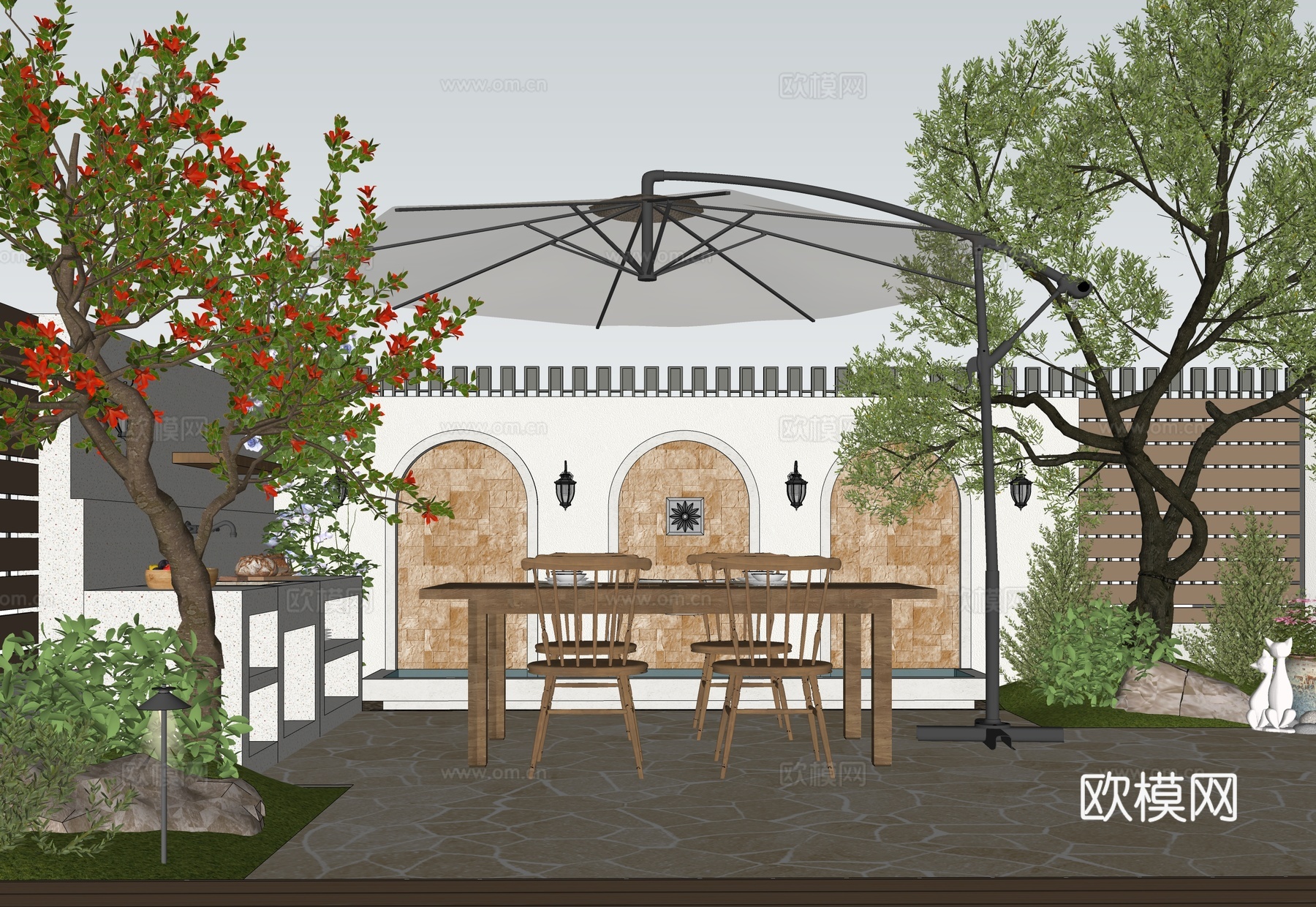 现代法式 南法庭院花园 水景墙 餐桌椅 操作台 石榴树 油橄su模型