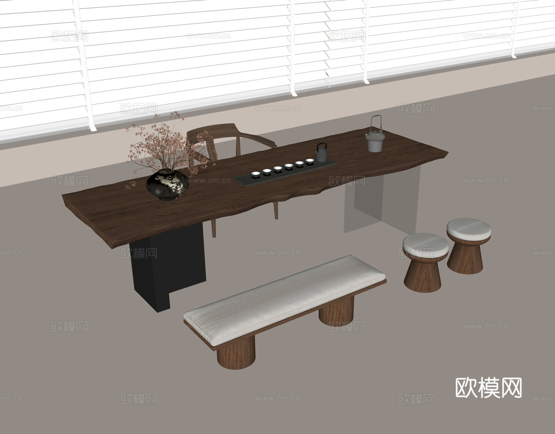 茶桌茶椅组合 茶具 实木茶桌 椅子 盆栽su模型