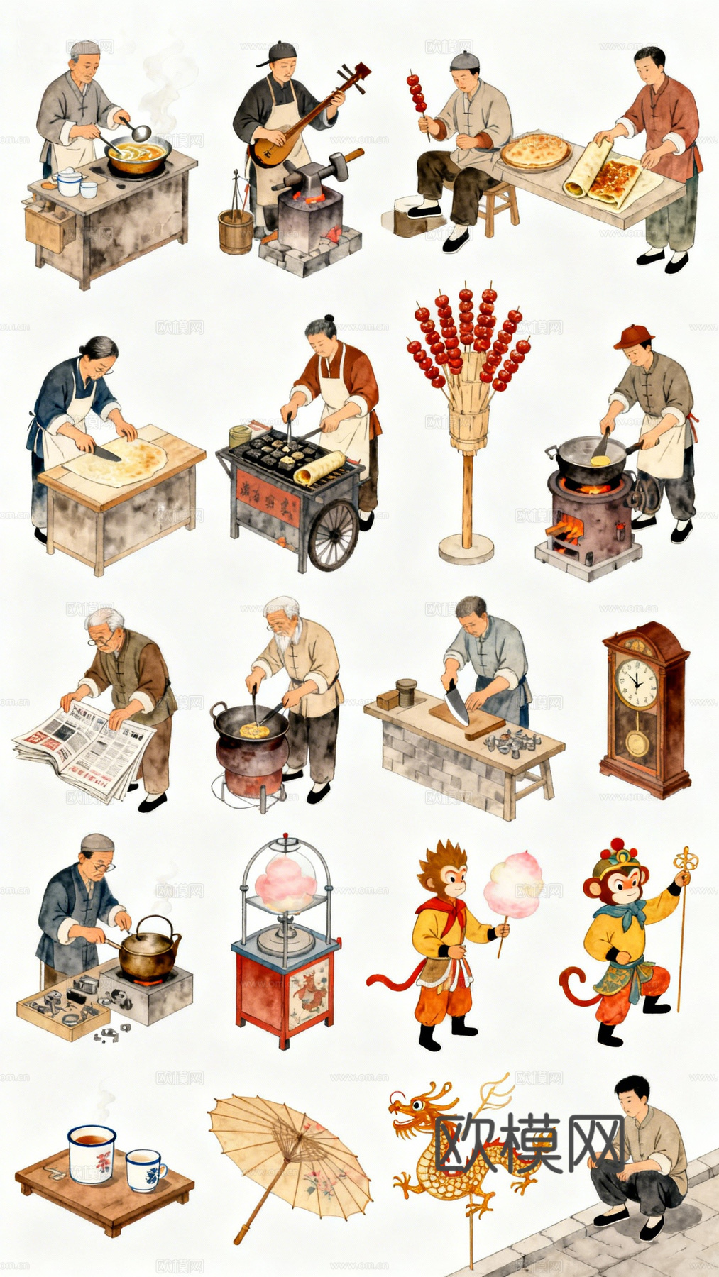 民间民俗手绘插画 街边美食摊位 糖画 手艺人