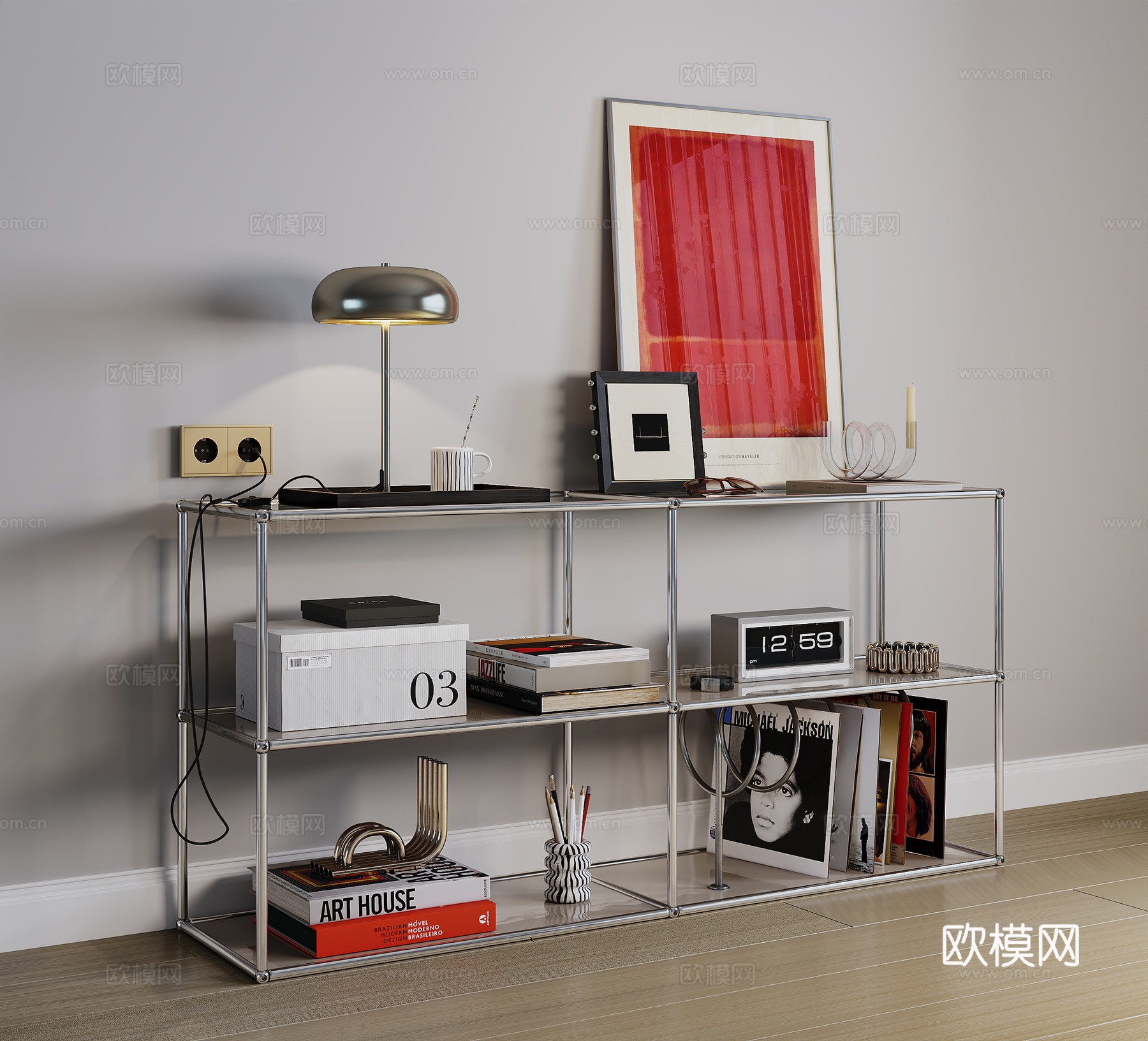 现代铁艺书架 简易架子 摆件组合 书籍挂画台灯 饰品摆件su模型