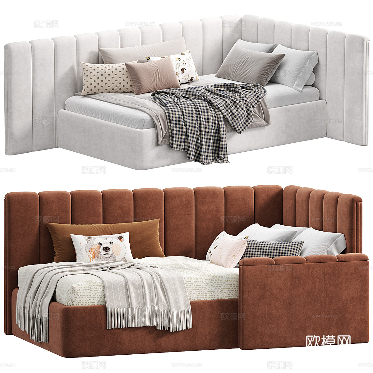 现代奶油风儿童布艺沙发床3d模型下载（渲染图1）