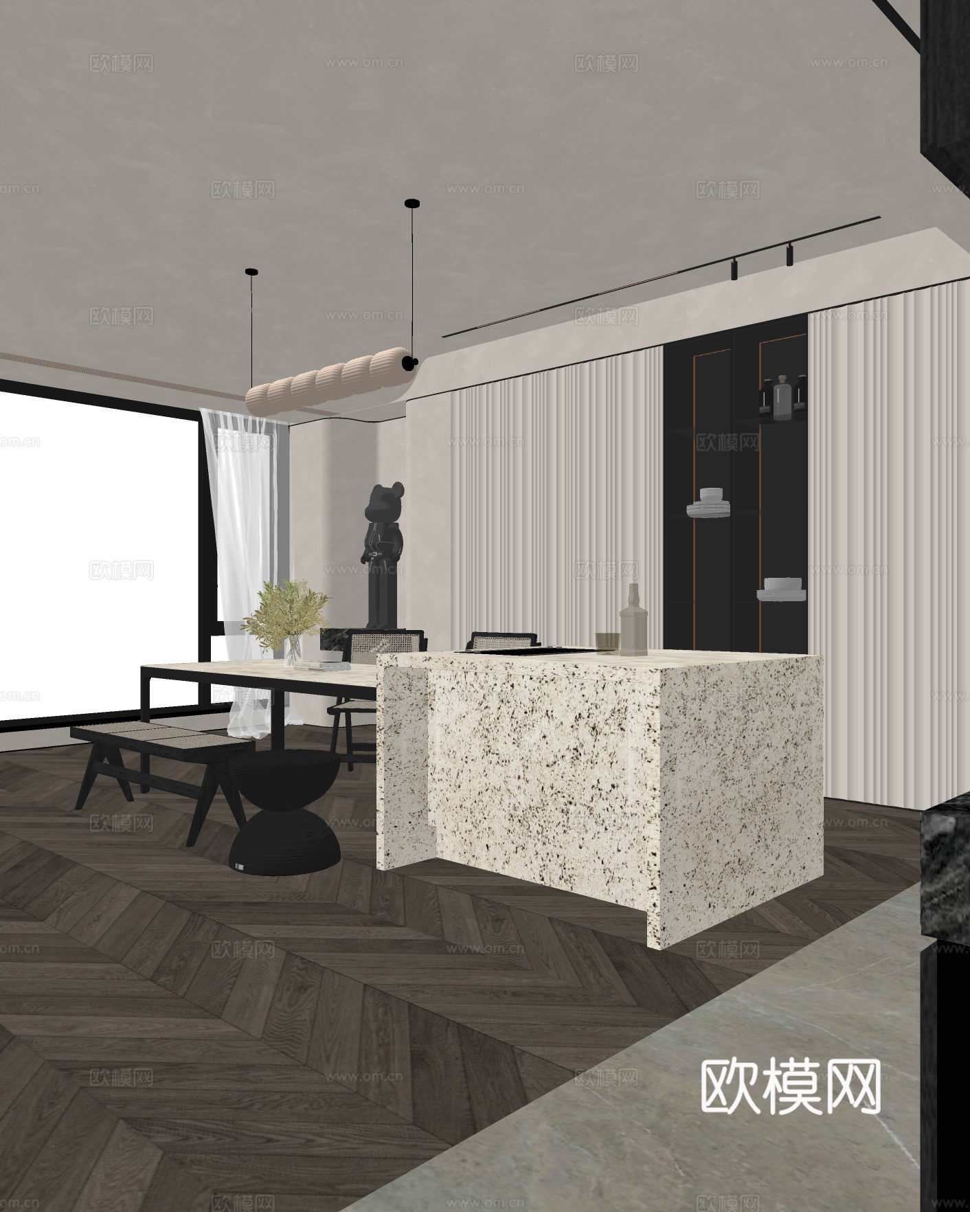 中古风餐厅 岛台餐厅 餐椅 吊灯su模型