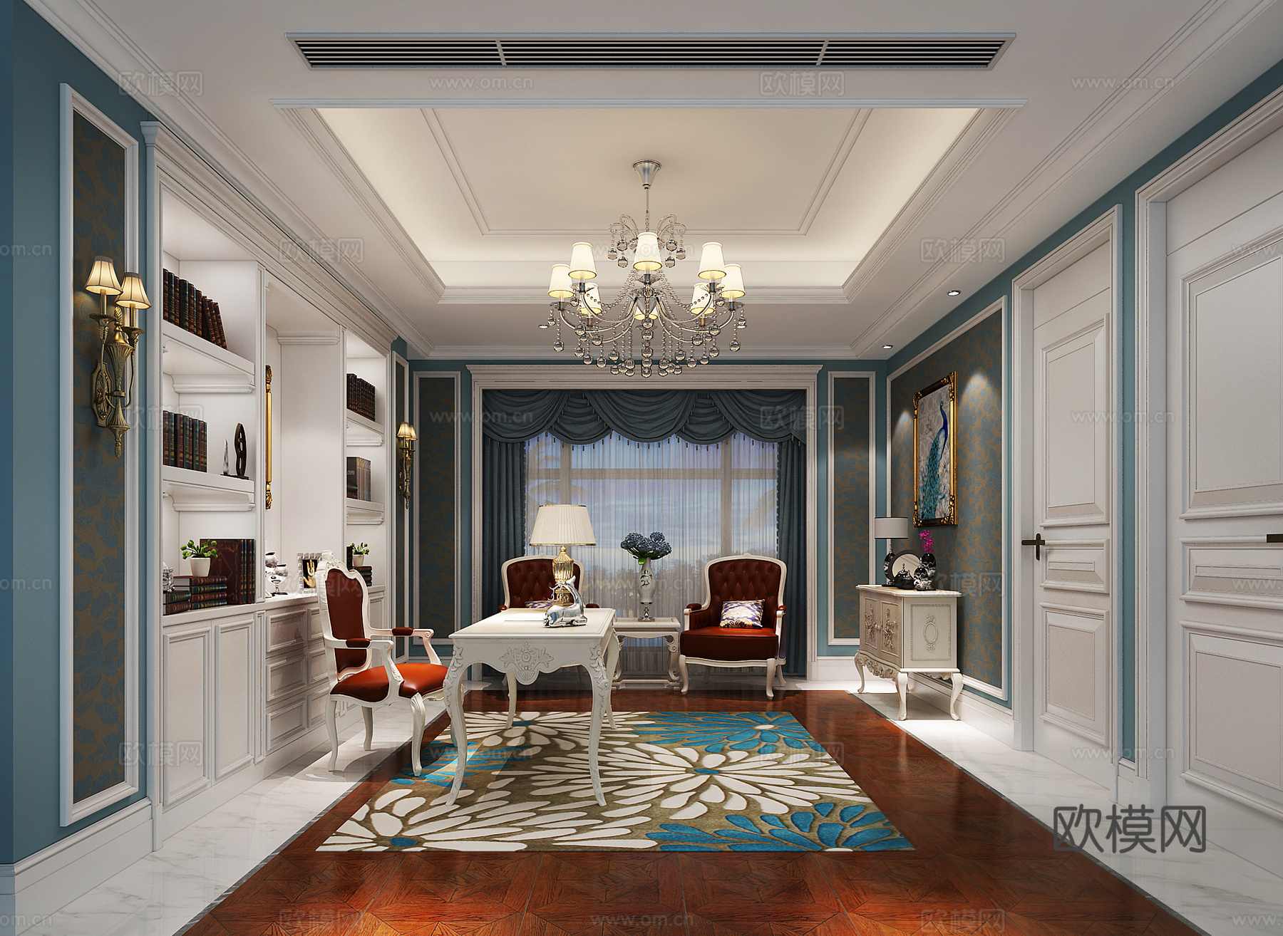 欧式古典别墅书房 书柜 书桌 椅子 装饰柜 吊灯 壁灯 窗帘3d模型下载
