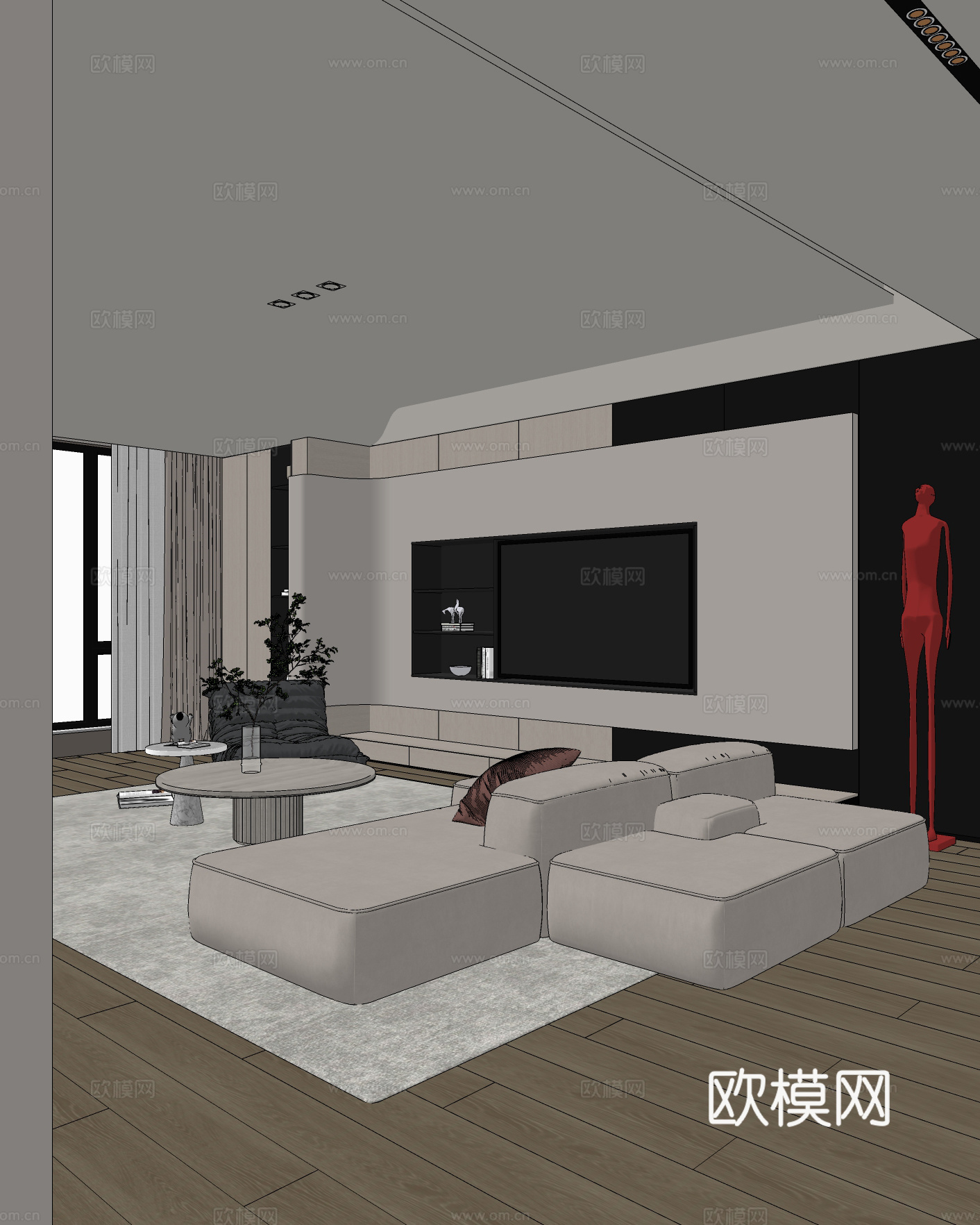 现代客厅 沙发茶几组合 茶几 单人沙发 饰品摆件su模型