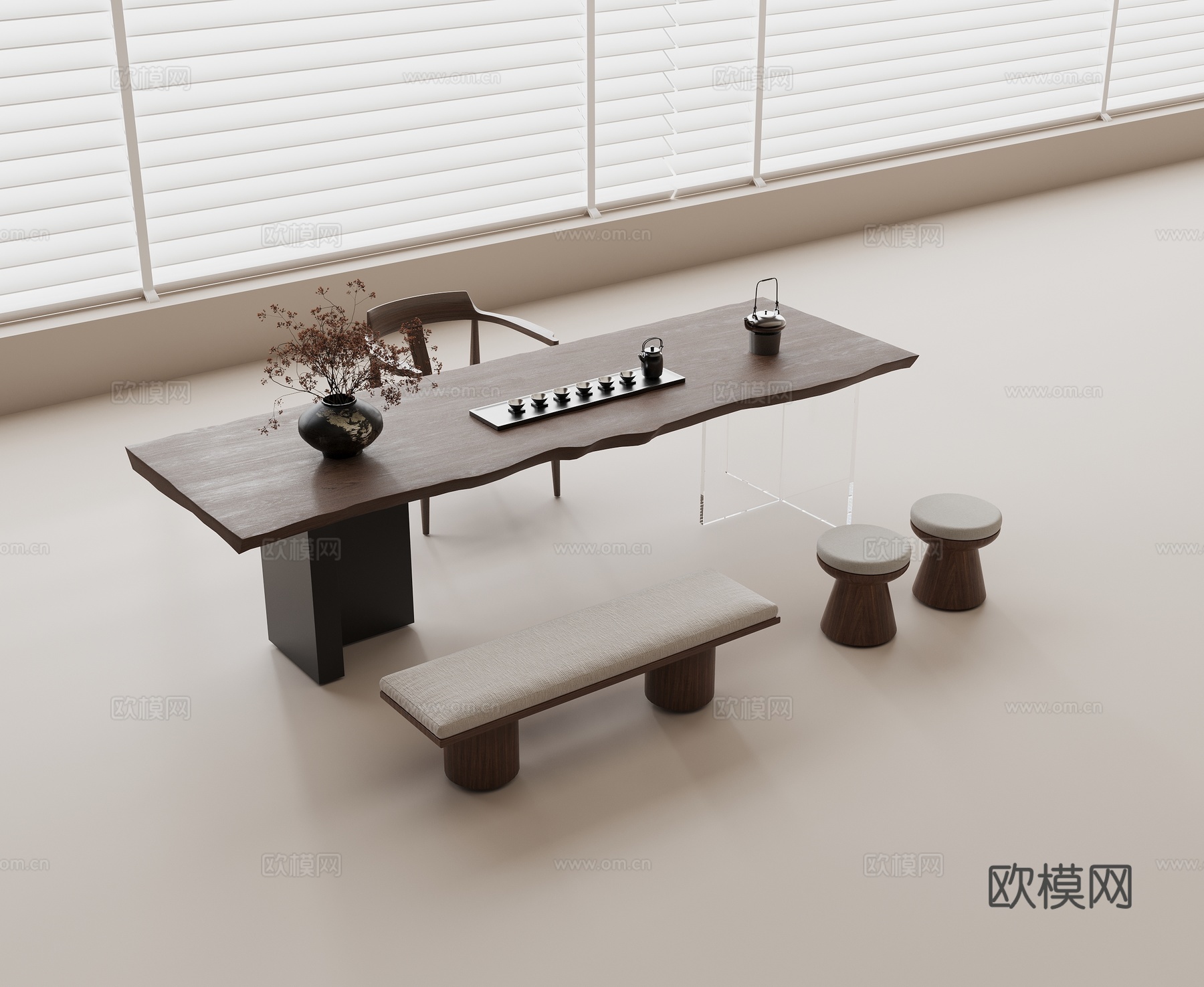 茶桌茶椅组合 茶具 实木茶桌 椅子 盆栽su模型