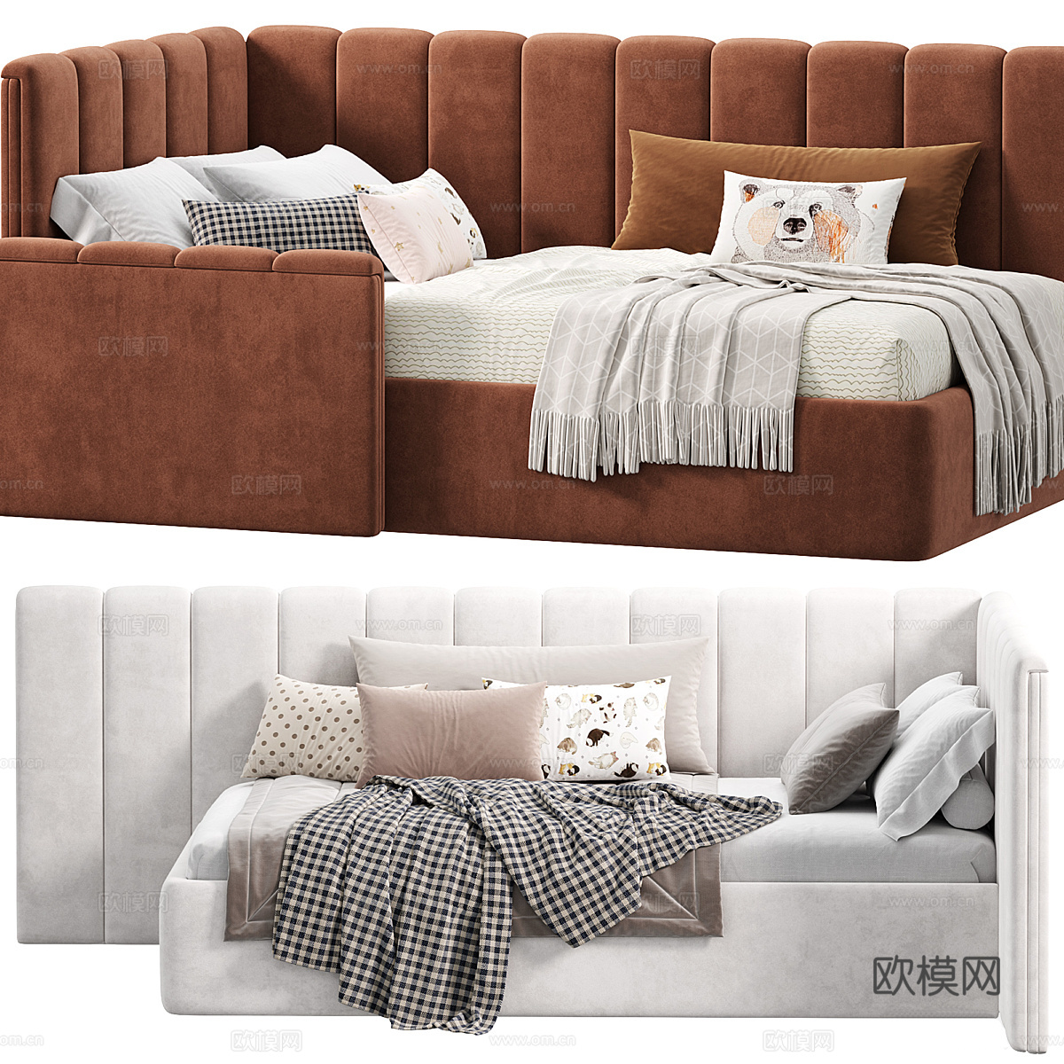 现代奶油风儿童布艺沙发床3d模型下载（渲染图2）
